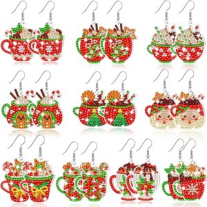 10 pares de aretes de pintura de diamante en forma de cacao caliente de Navidad, kit de aretes de arte de diamante de Navidad, pintura de diamante, 10 pares de aretes de pintura de diamante en forma de cacao caliente de Navidad, kit de aretes de arte de diamante de Navidad, pintura de diamante,