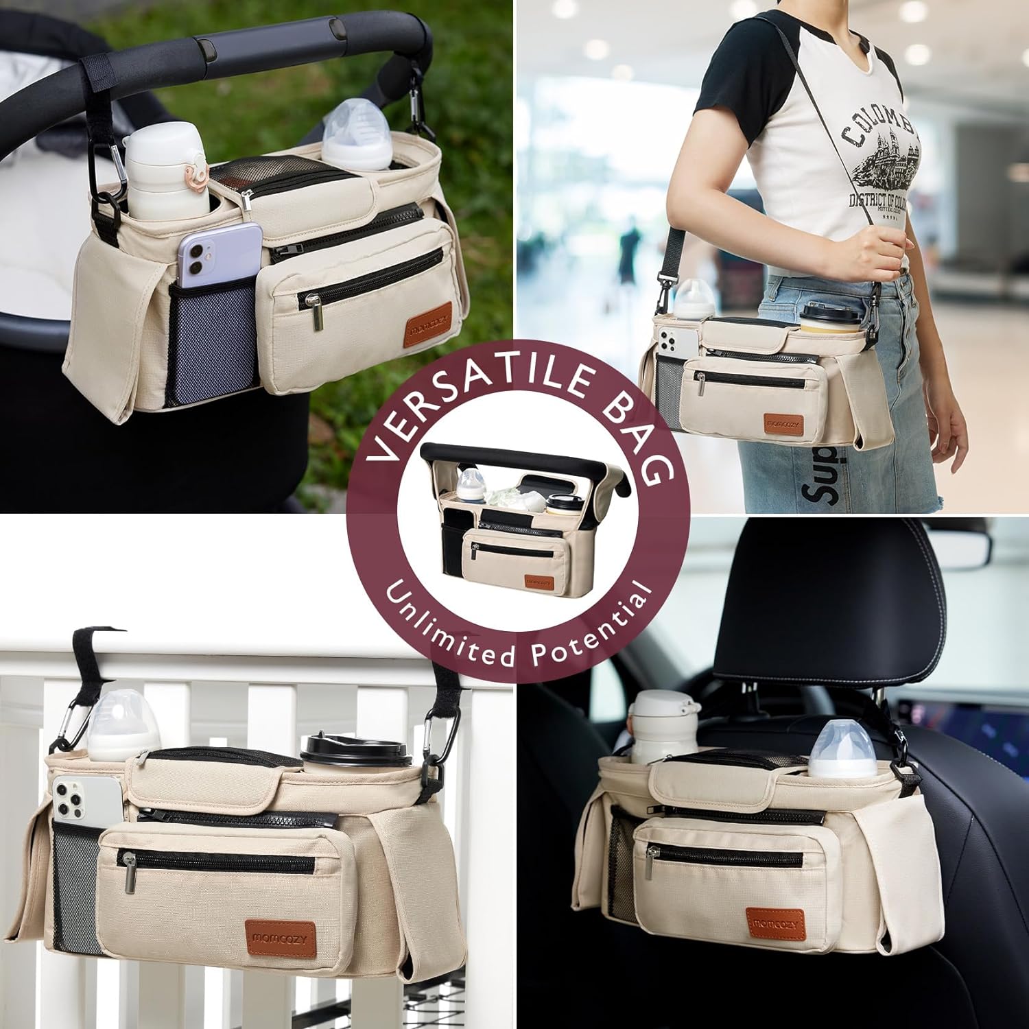 Momcozy Organizador universal para cochecito de bebé, 2 portavasos aislados, bolsillo desmontable con cremallera, correa de hombro ajustable, gran