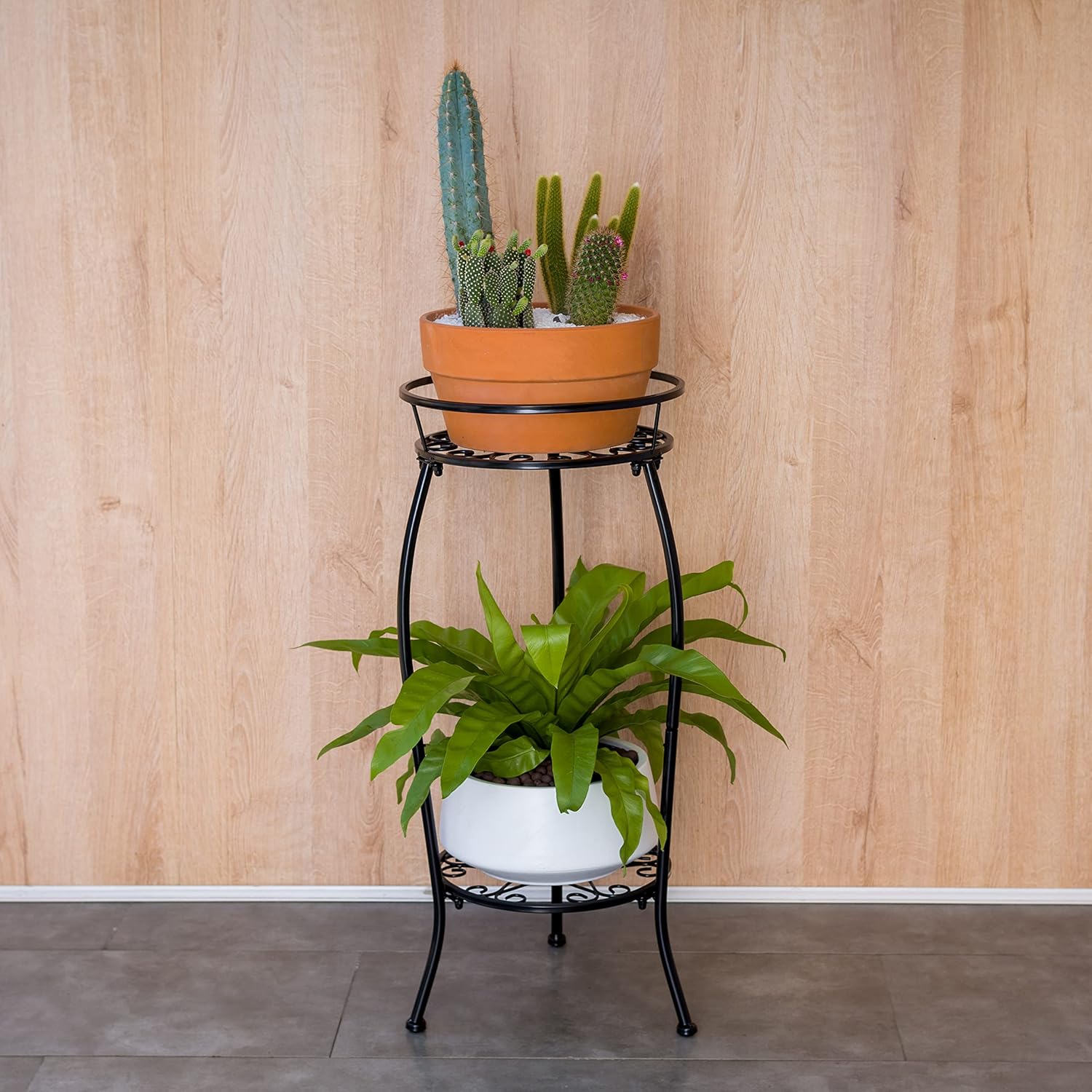 FaithLand Paquete de 2 soportes de metal para plantas, soporte alto para macetas interiores y exteriores, estante redondo de 2 niveles para maceta,