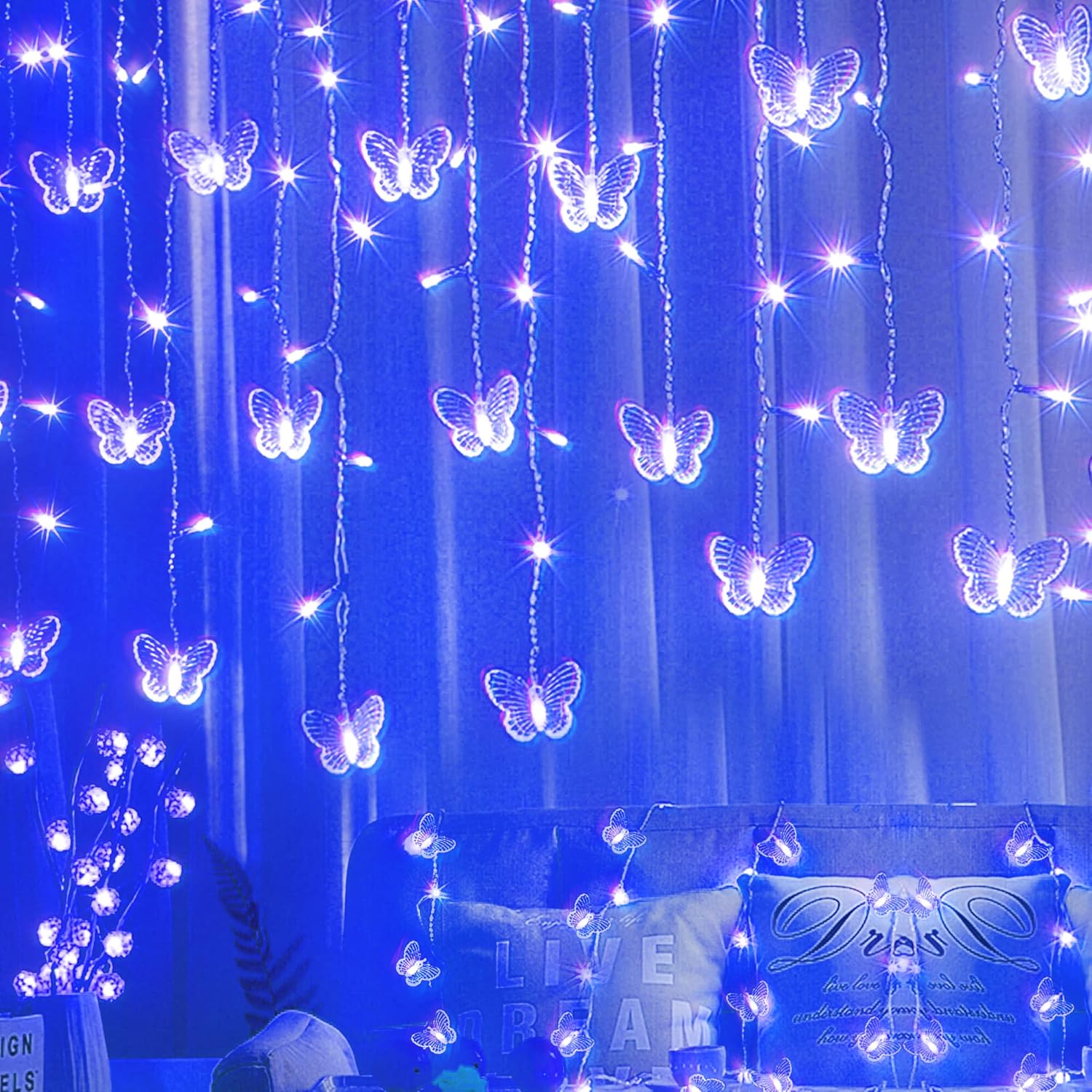 Guirnalda de luces de mariposa azul con enchufe USB, 120 LED, 8 modos, 20 pies, luciérnaga, luces de carámbano parpadeantes, con temporizador