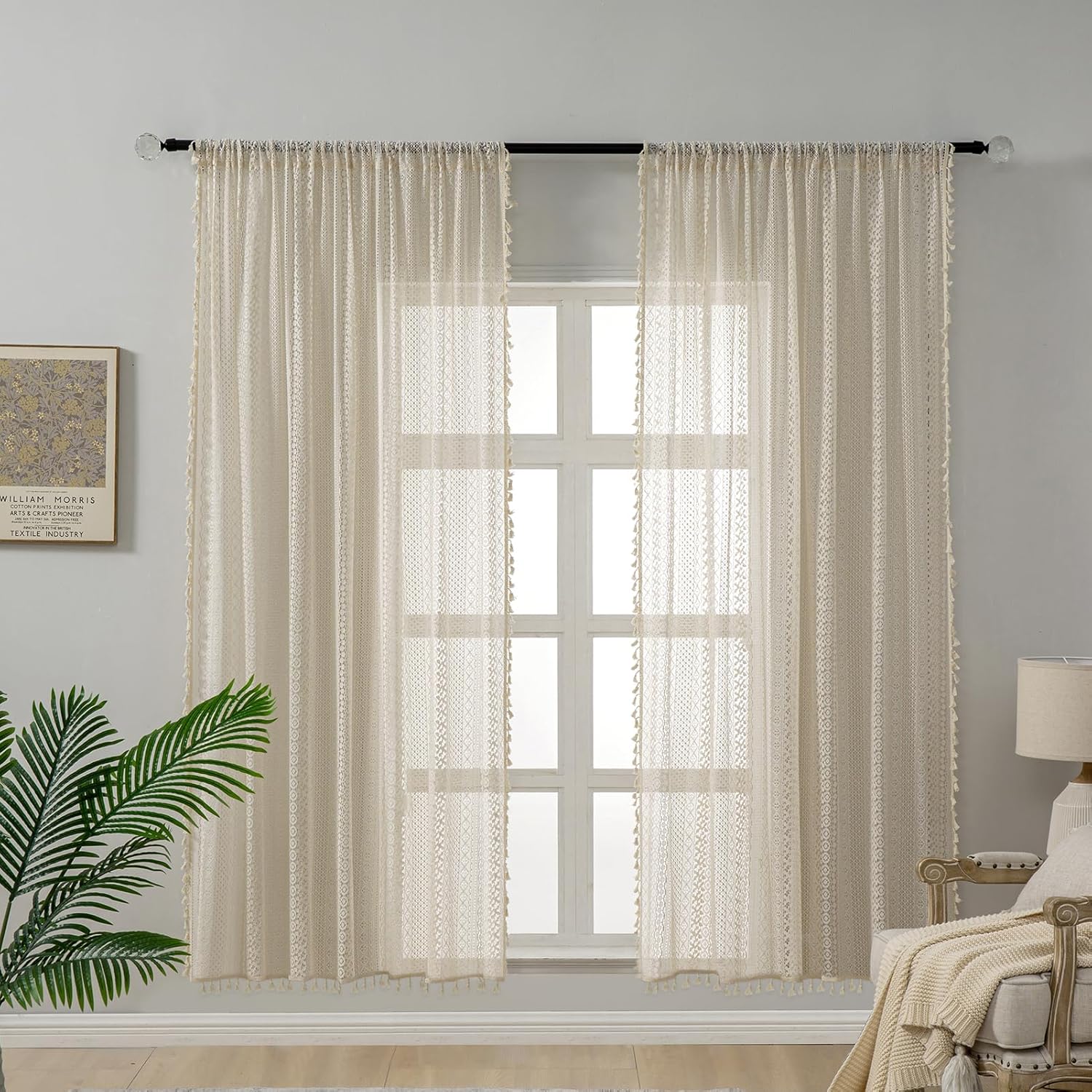 Cortinas de algodón de ganchillo de 72 pulgadas de largo, 2 paneles de 72 pulgadas de largo, con bolsillo para barra, cortinas traslúcidas de