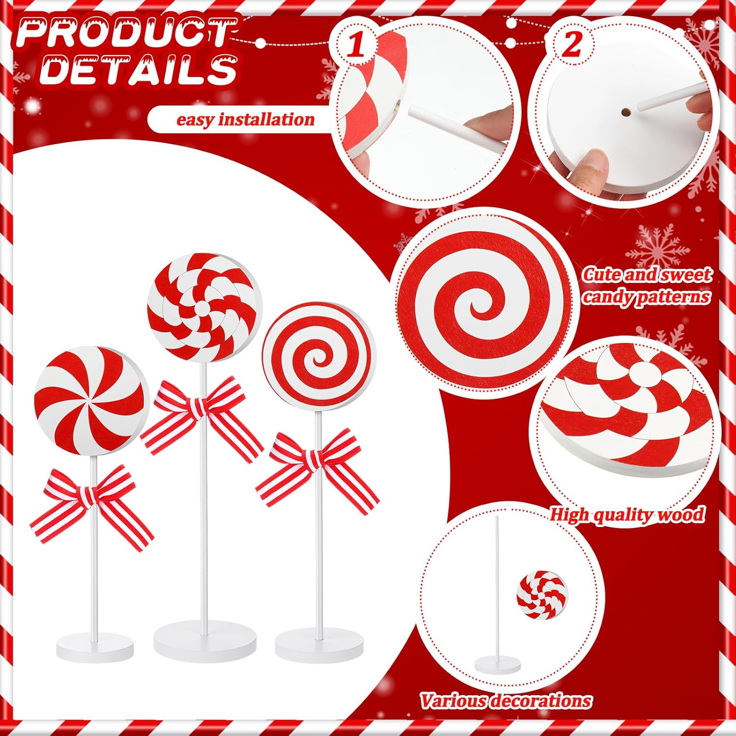 Amyhill 3 piezas de decoración de Navidad de madera para decoración de bandeja escalonada de invierno, centros de mesa de dulces rojos y blancos,
