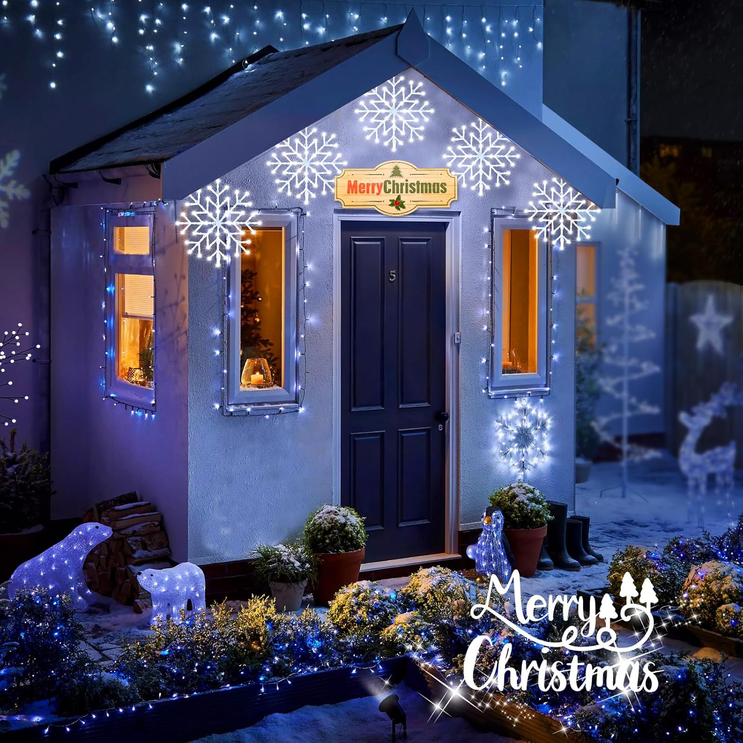 Luces de copo de nieve de Navidad para exteriores, enchufables de 23.6 pies, 10 gotas, 480 luces LED de ventana de copo de nieve, conectables para