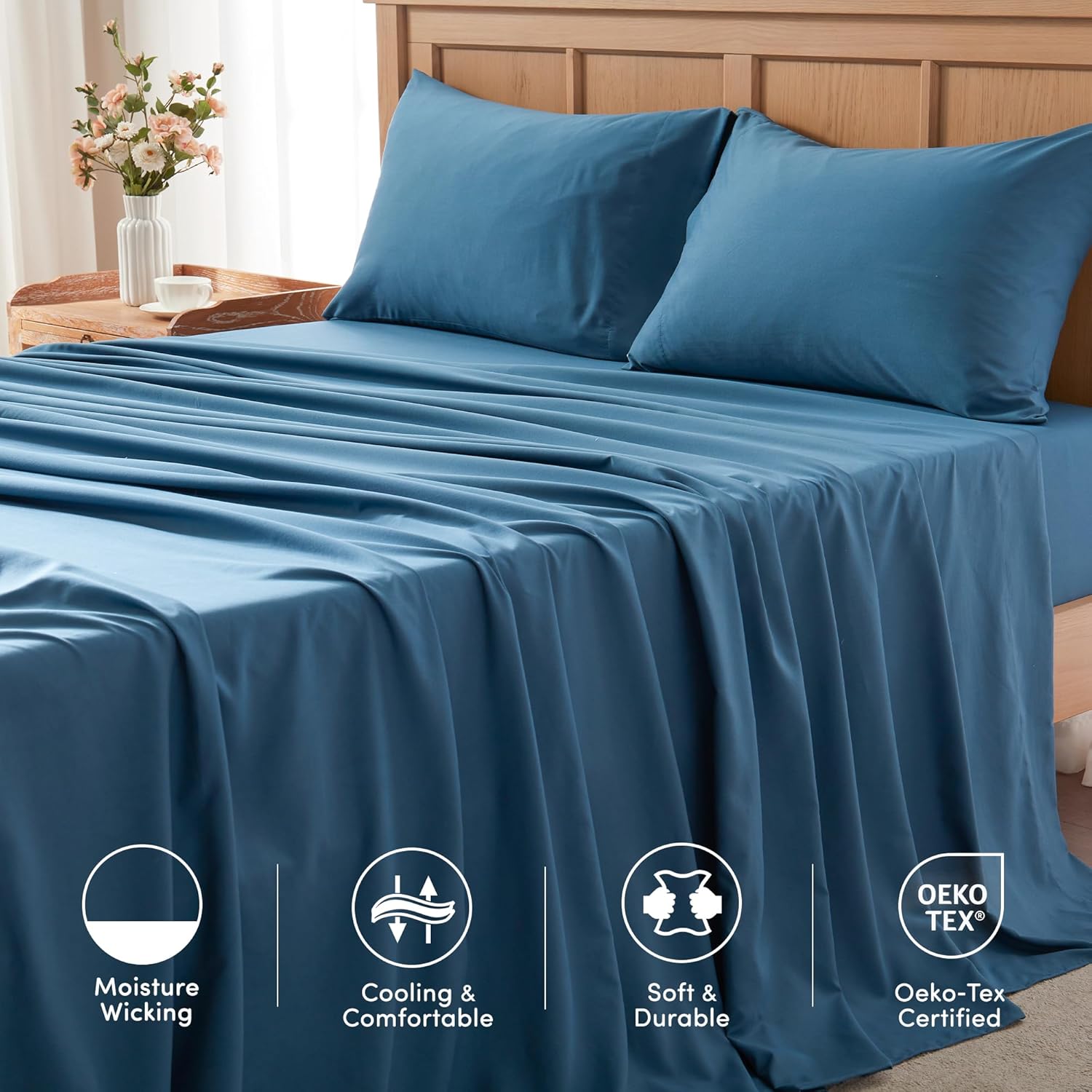 Comfort Spaces – Juego de sábanas de 4 piezas Coolmax supersuave y resistente a la decoloración que absorbe la humedad con elásticos alrededor que