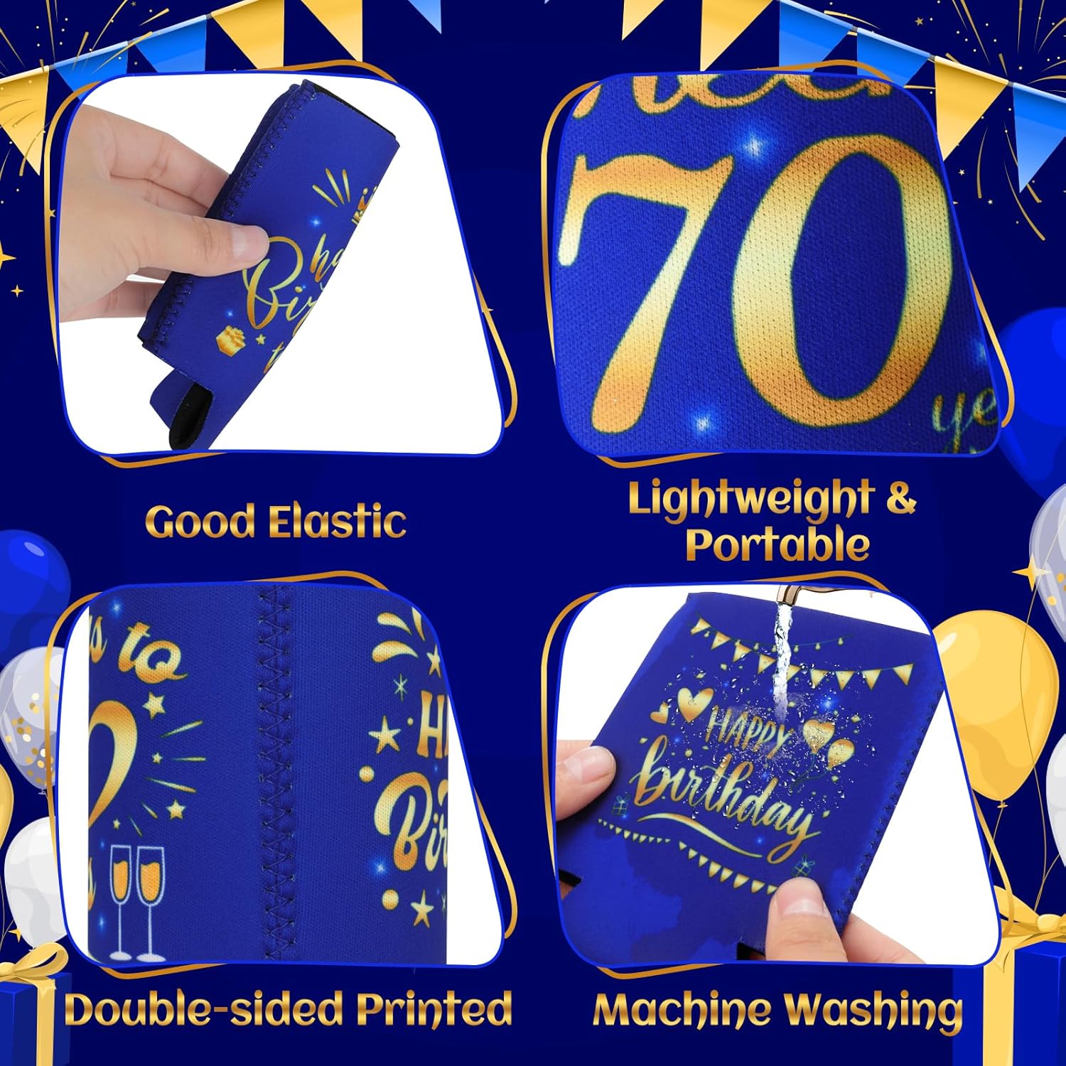 24 fundas enfriadoras para latas de cumpleaños 70, decoración de cumpleaños de 70 años azul y dorado para hombres y mujeres, para fiestas de