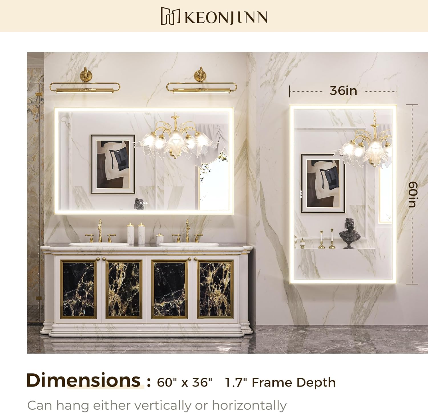 Keonjinn Espejo de baño LED dorado de 60 x 36 pulgadas con parte delantera, luz en ángulo de 45, difusor biselado, espejo de pared dorado con marco