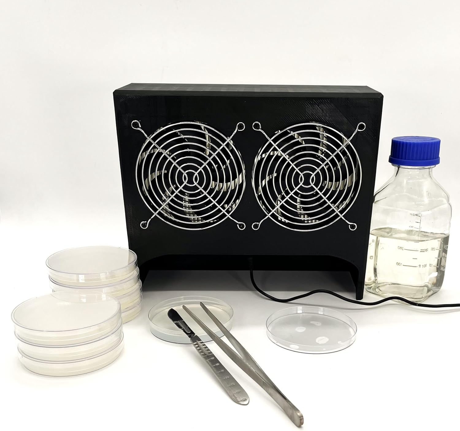 Mycology – Mini campana de flujo laminar para transferencias estériles – 3D impreso de plástico reciclado, diseño único uno de uno (negro)