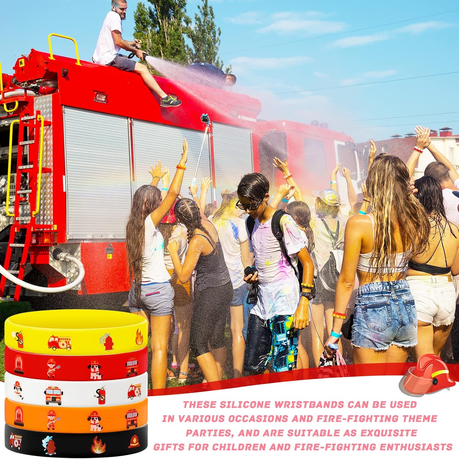 Pulseras de goma para camión de bomberos, pulseras de silicona para fiesta de bomberos, suministros de fiesta de cumpleaños, decoraciones de