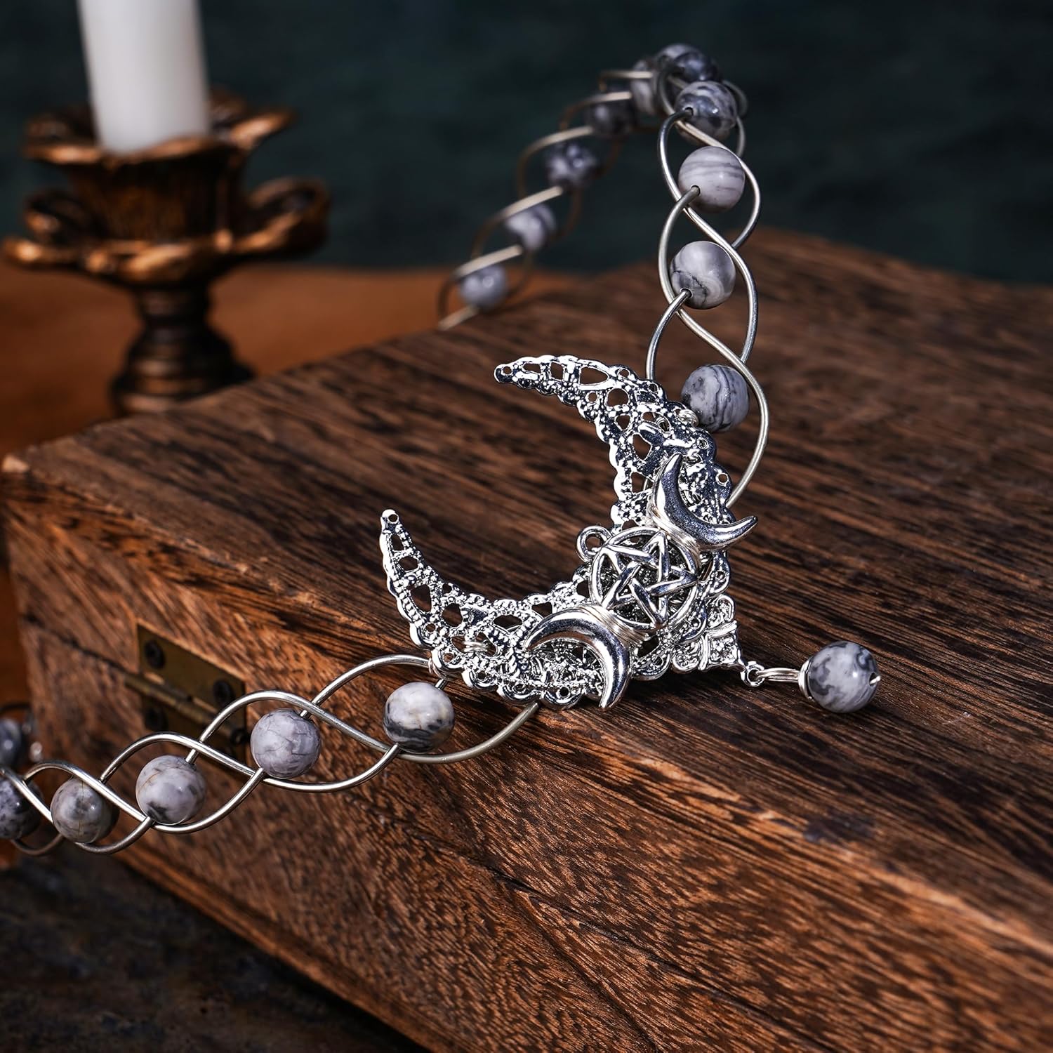 CoTeeZa Circlet Headpiece Viking Celtic Silver Fairy Crown Handmade Medieval Moon Headband Tiara Crystal Braided Cosplay Wreath Costume Hair