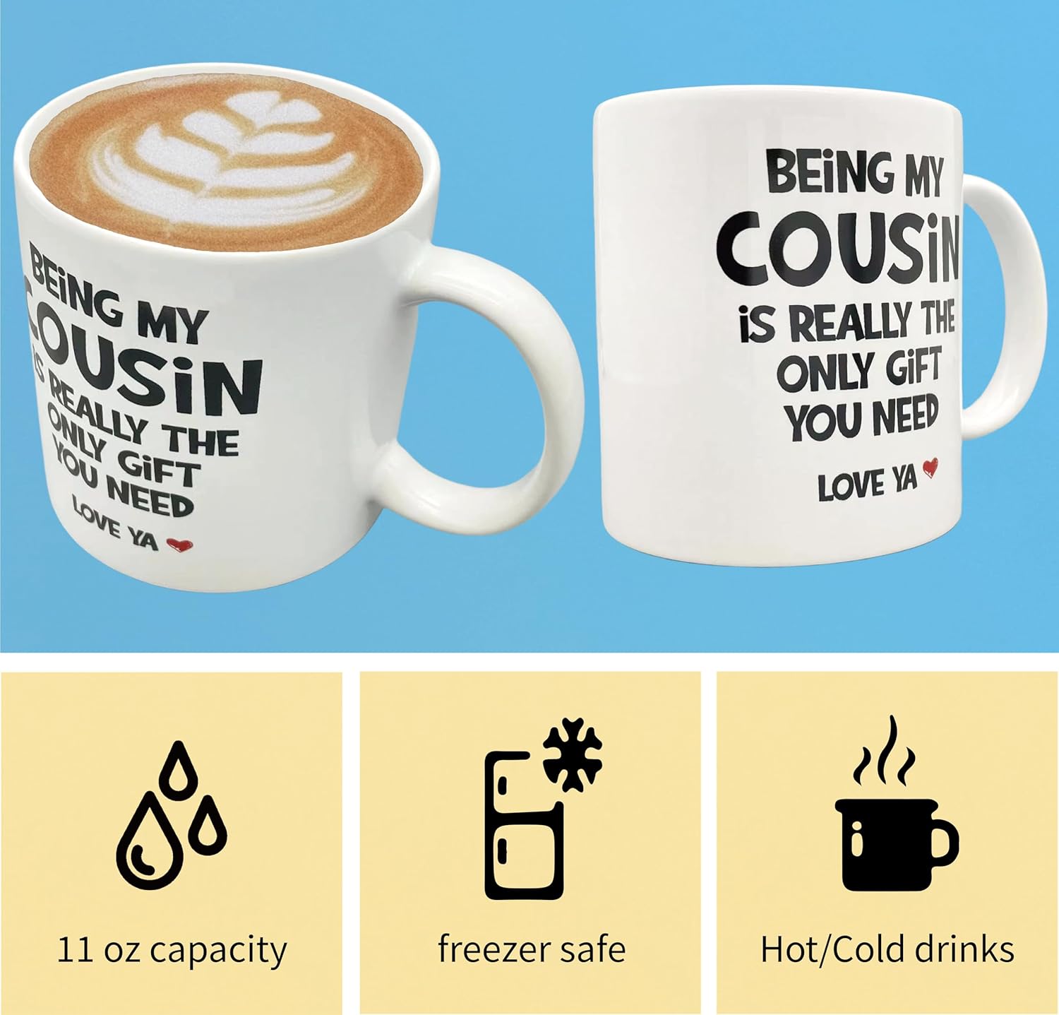 Divertido regalo para primas para mujer, taza de cerámica de 11 onzas, llavero para prima, regalo de cumpleaños para prima, taza de primo favorito,