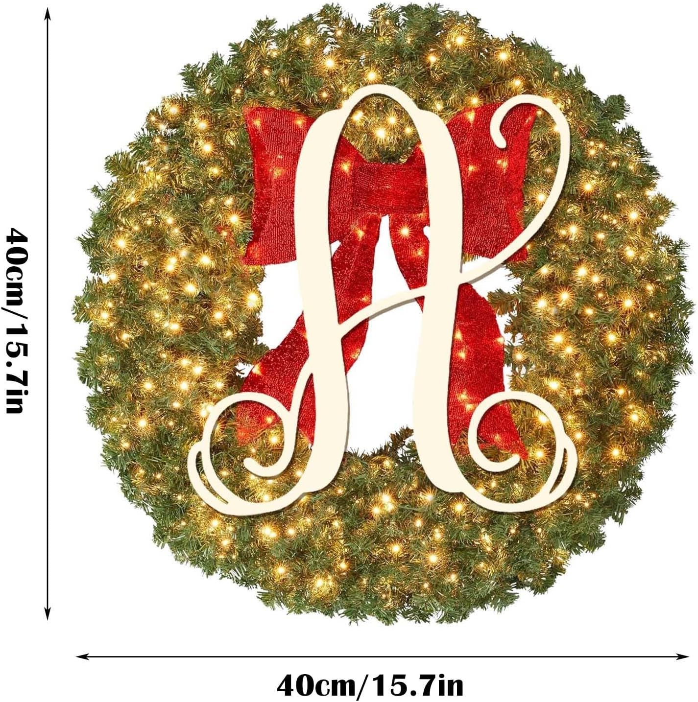 Corona de Navidad de apellido personalizada de 16 pulgadas con lazo iluminado, luces LED, 26 letras preiluminadas de abeto para puerta delantera,