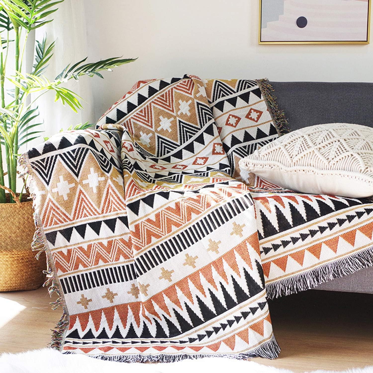 Luxlovery Manta bohemia para sofá, tejida étnica, estilo granja, bohemio, para sofá, color negro, blanco y naranja, multicolor, azteca, manta de