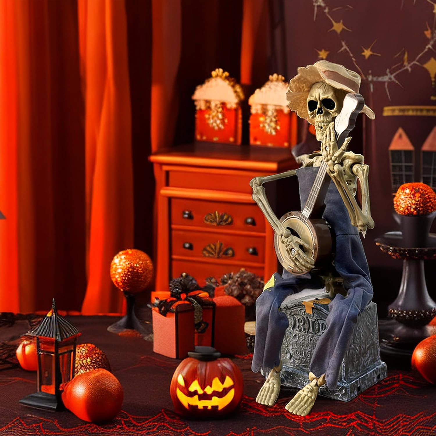 Animatrónicos de mesa de Halloween, reproductor de banjo activado por movimiento con música, decoración de sala de estar interior, centros de mesa