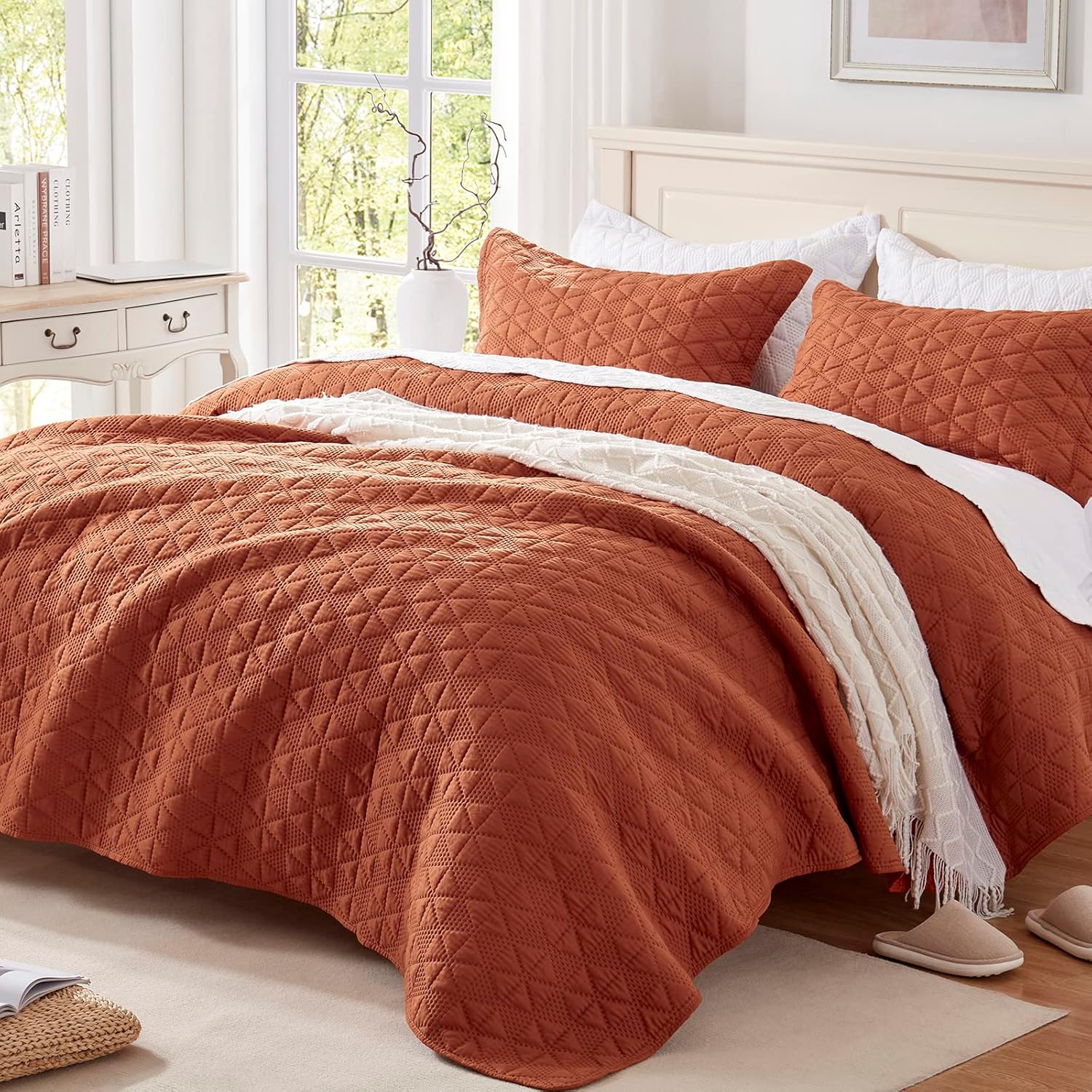 Juego de ropa de cama de 3 piezas de color naranja quemado, colcha ligera de verano, 90 x 98 pulgadas, lujosa colcha de microfibra ultrasónica 3D