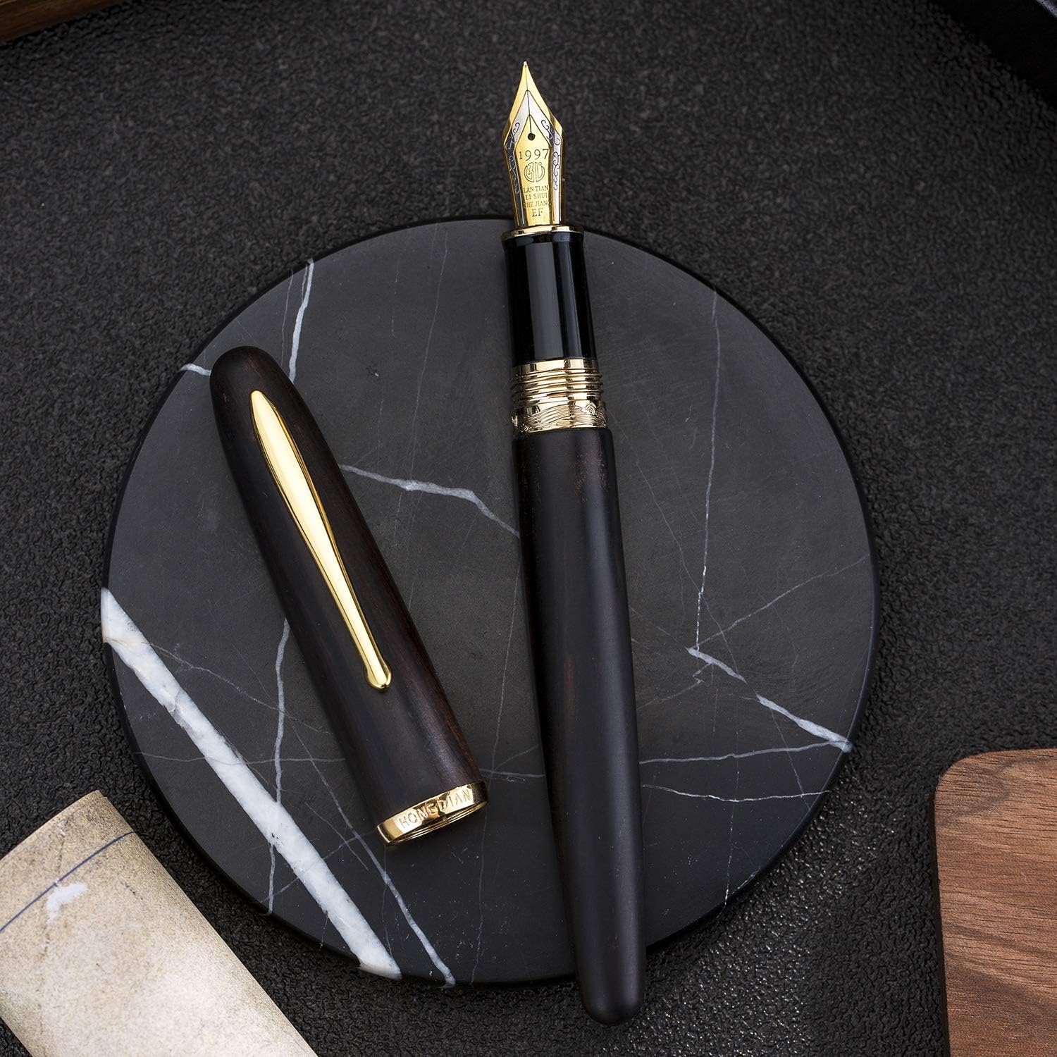 HongDian 660 pluma estilográfica de madera de ébano natural, pluma de escritura fina de iridio con estuche de metal