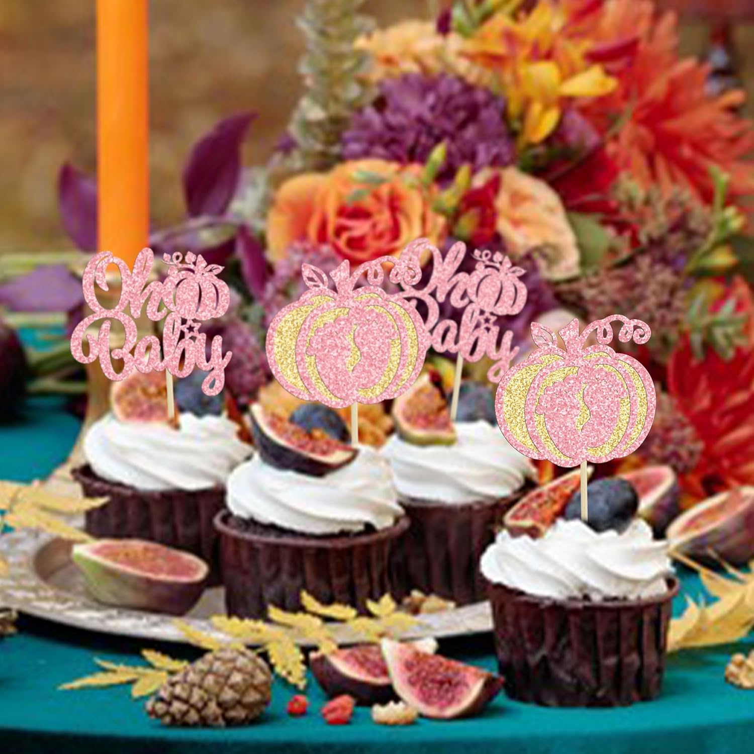 Gyufise 24 adornos para cupcakes de calabaza rosa, decoración de pastel de baby shower, decoración para baby shower con temática de calabaza,