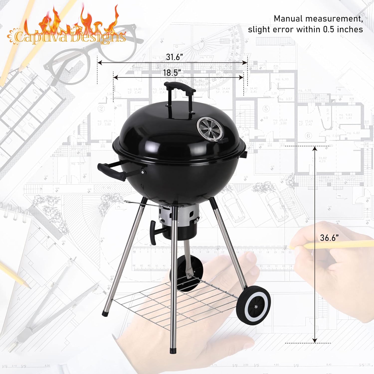 Captiva Designs Parrilla de barbacoa de carbón de 18 pulgadas con tapa y cuenco esmaltados de porcelana, rejilla gruesa cromada, atrapa cenizas
