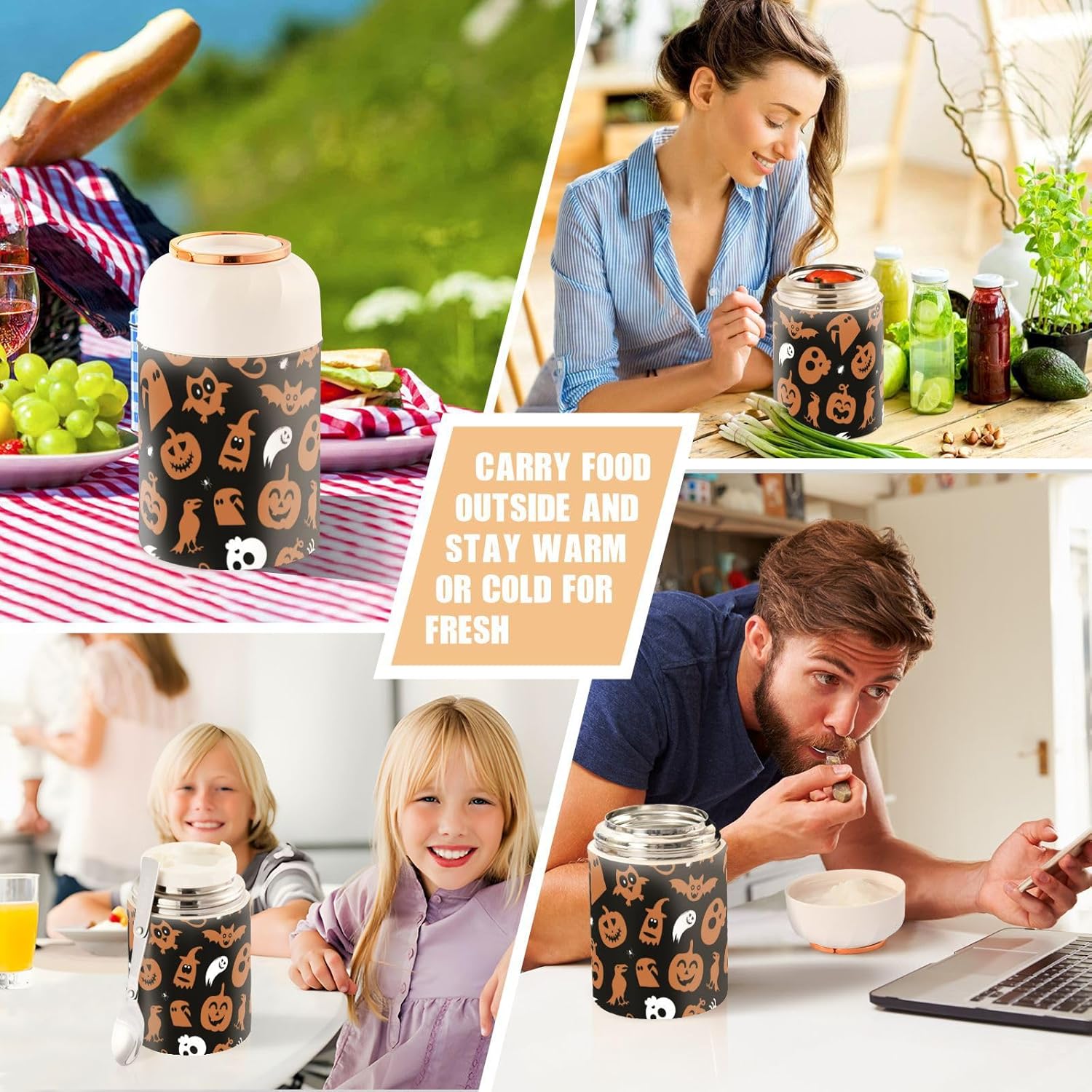 Halloween Design Kids Womens Lunch Insulated Jar with Spoon 17oz500ml Food Containers For Hot Food Stainless Steel Vacuum Wide Mouth Flask Insulated
