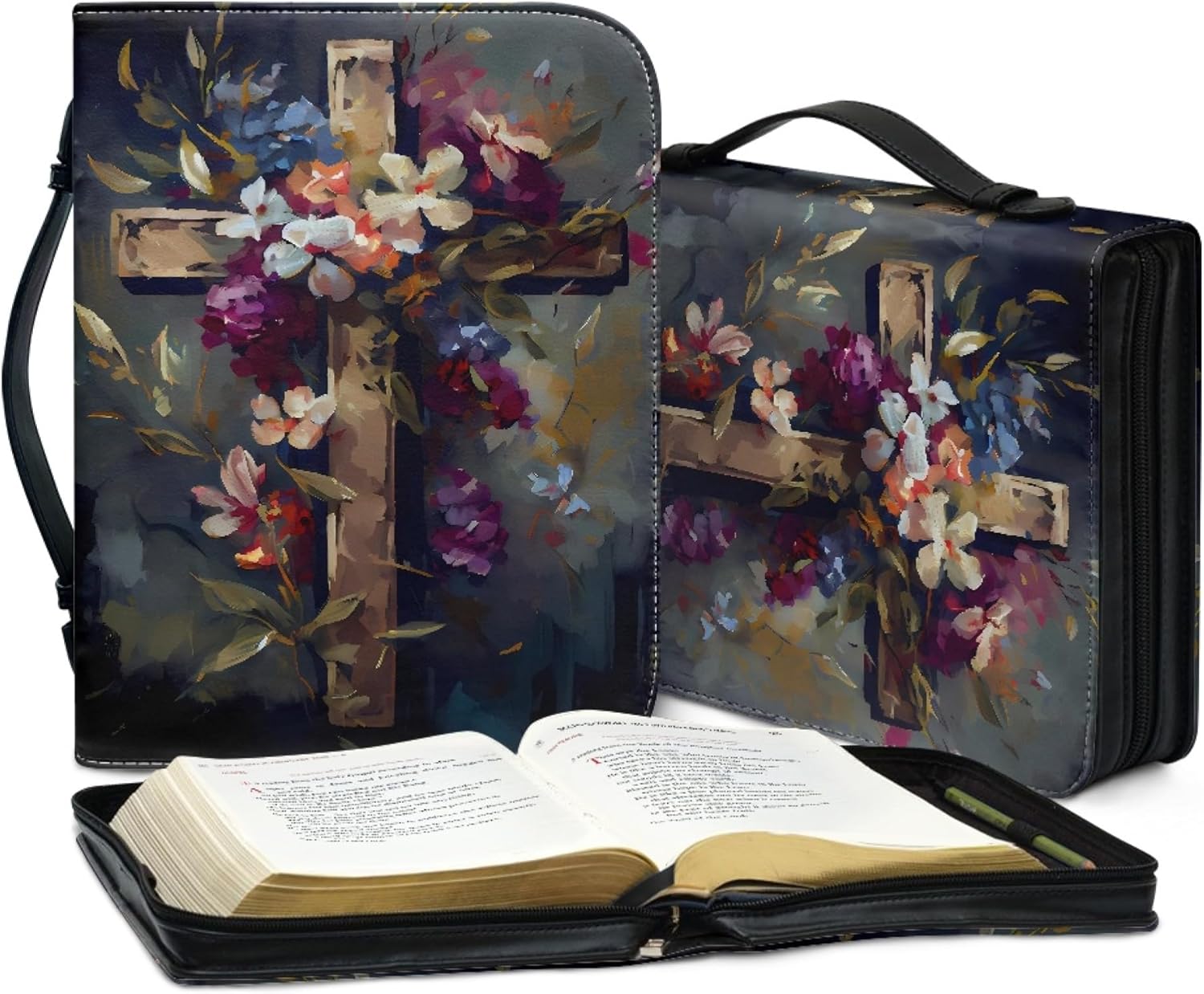 ZOCAVIA Funda de cuero para la Biblia con estampado floral, fundas de transporte para la Biblia para mujeres, con asa y bolsillos con cremallera,