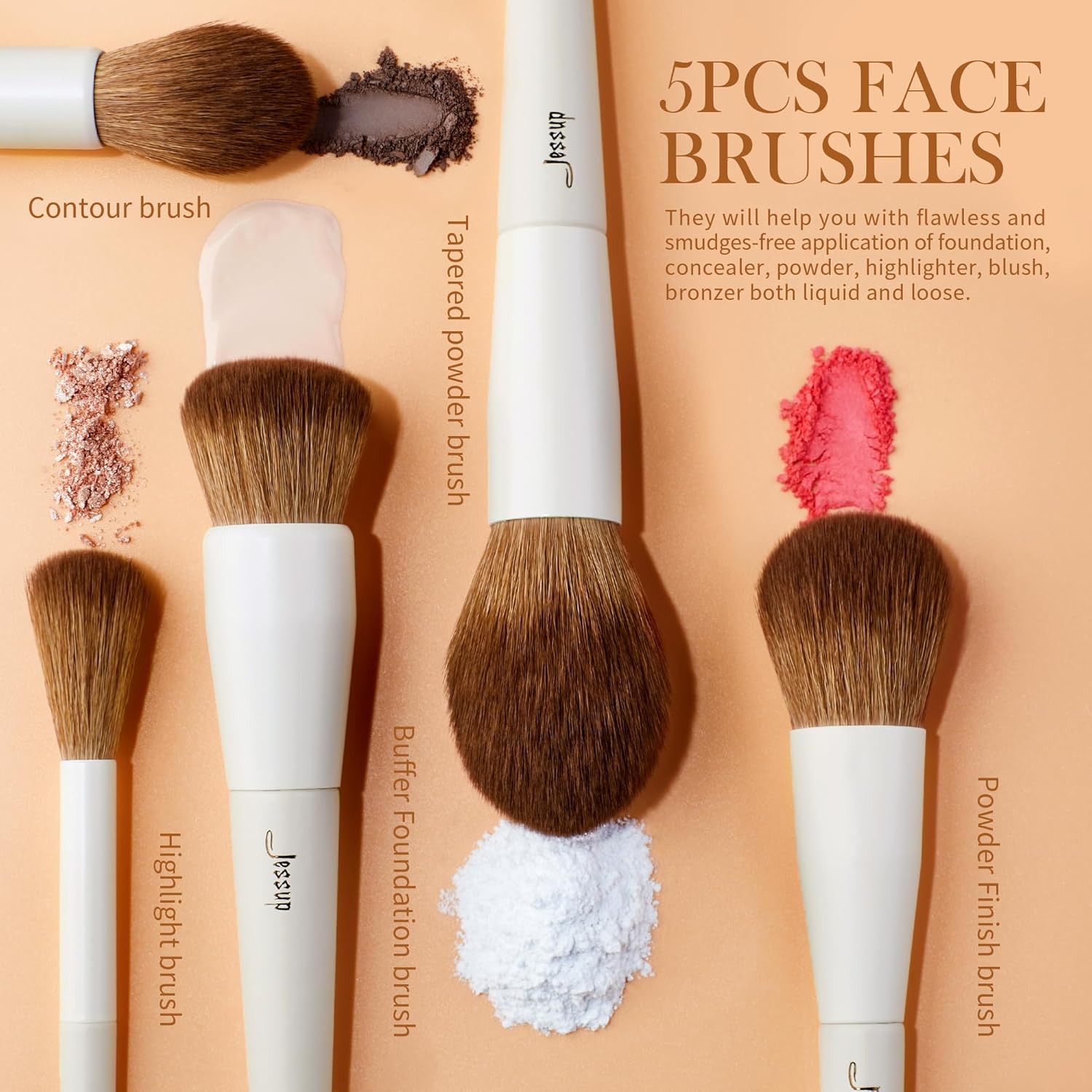 Jessup Juego de 5 brochas de maquillaje facial, cepillo de base suave vegano, brocha para rubor, bronceador, brocha de contorno iluminador, cepillo