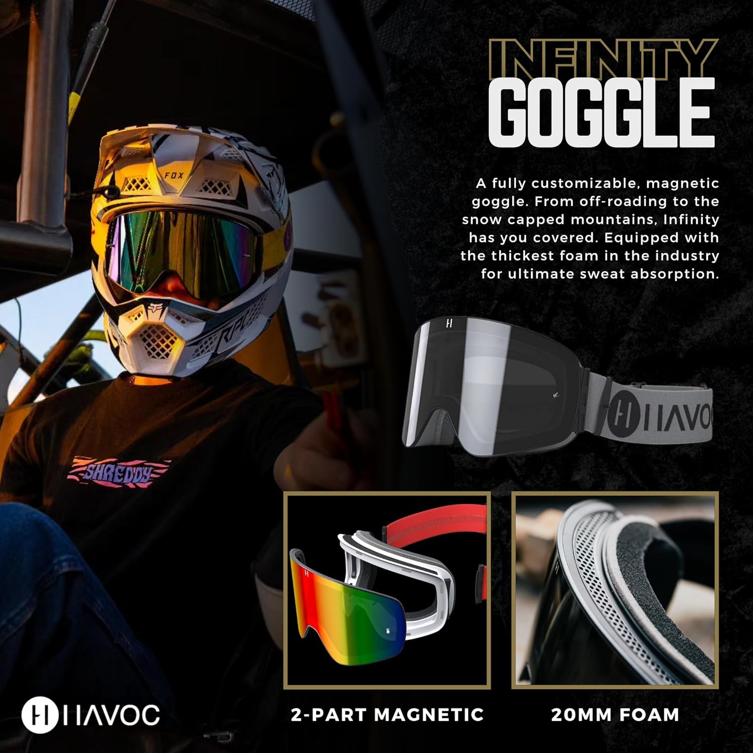 Havoc Racing Gafas magnéticas sin marco, para motocross, motocross, motocross, snowboard, ATV y UTV – Gafas antivaho con bloqueo UV