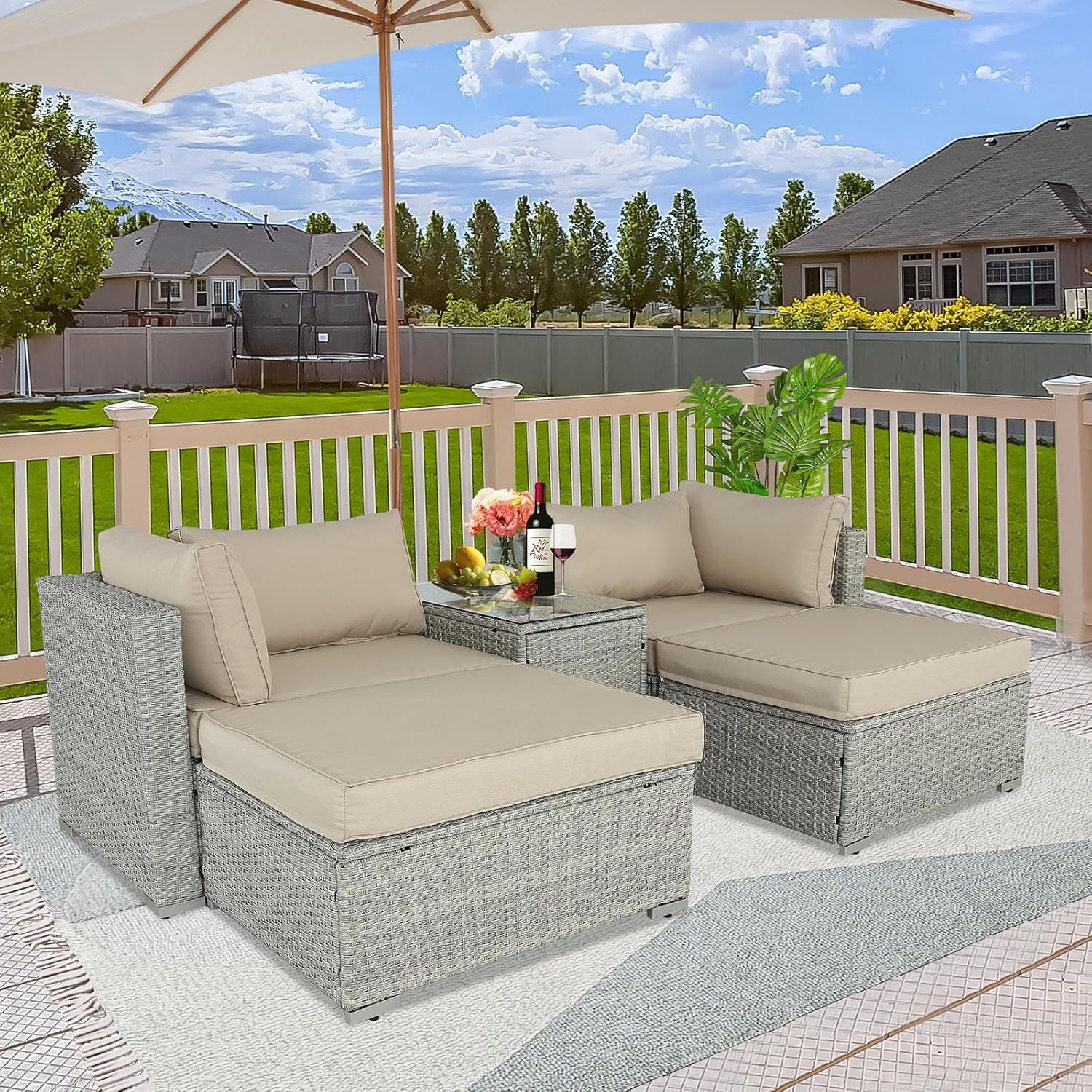 Juego de 5 piezas de sillas de patio y muebles otomanos de patio para todo tipo de clima, juego de conversación de ratán PE con sillas acolchadas