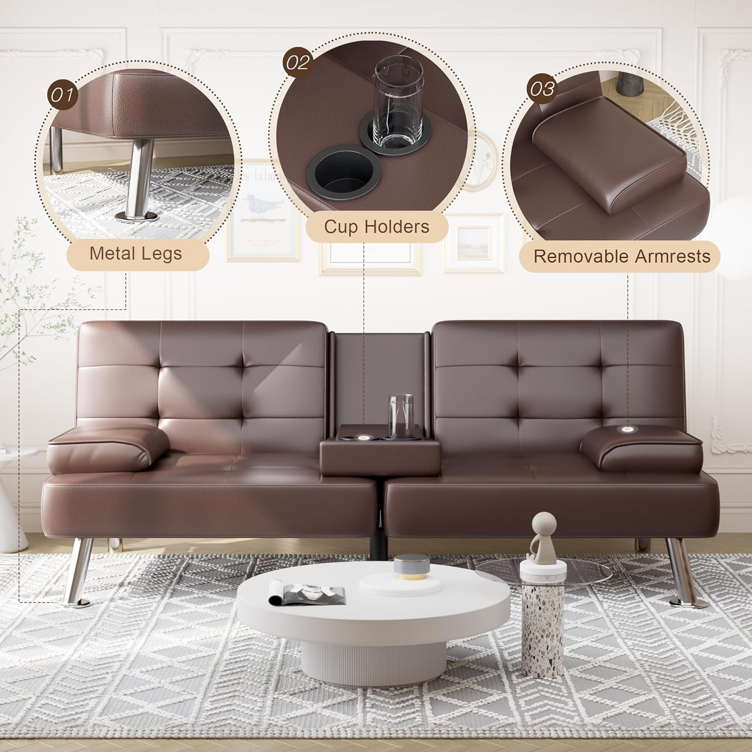 Sofá cama tipo futón plegable convertible para sala de estar, sofá biplaza tapizado de piel sintética con reposabrazos extraíbles, patas de metal, 2