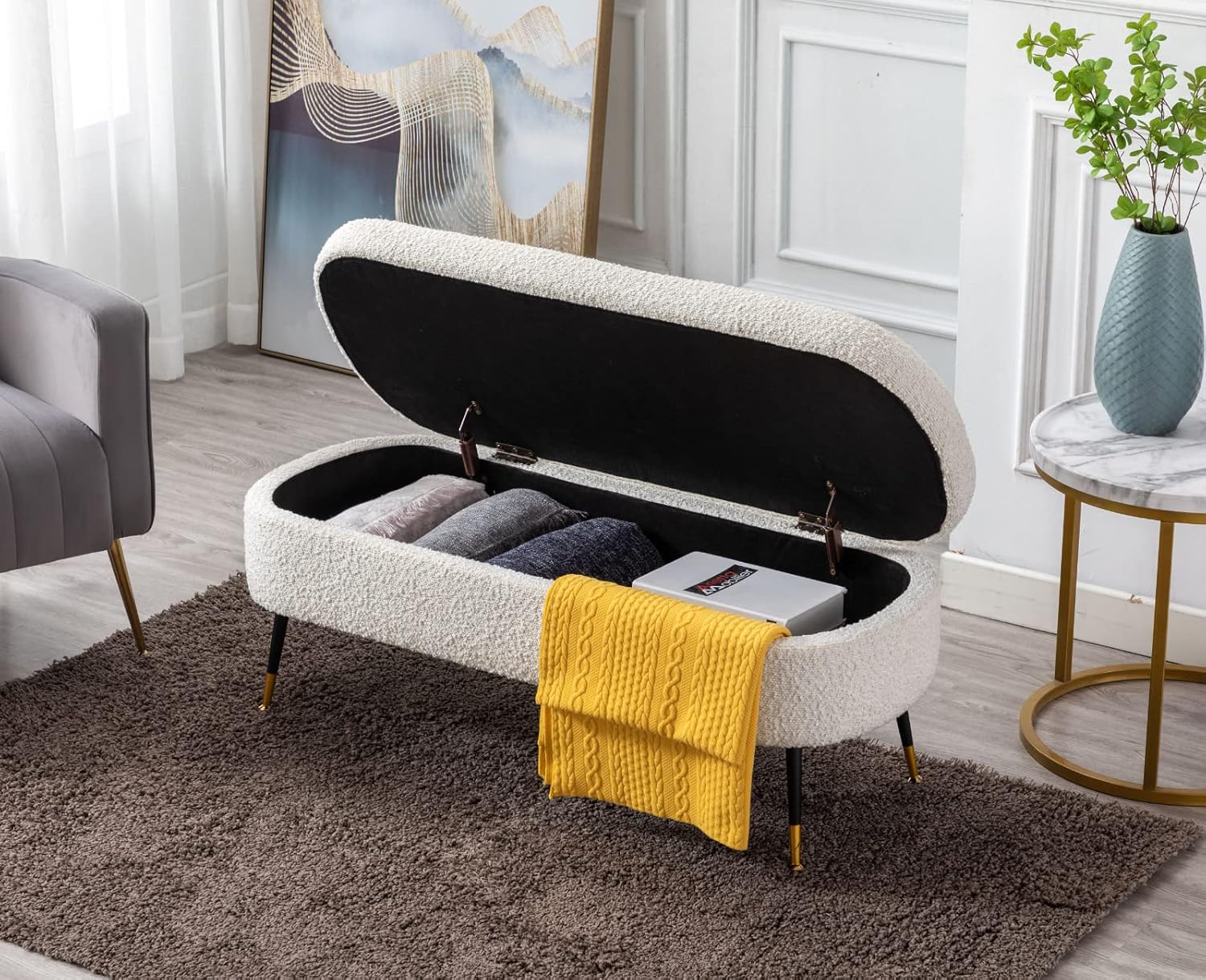EALSON Banco de almacenamiento moderno para dormitorio, extremo de cama, banco otomano de lana de cordero con patas de metal, banco tapizado para