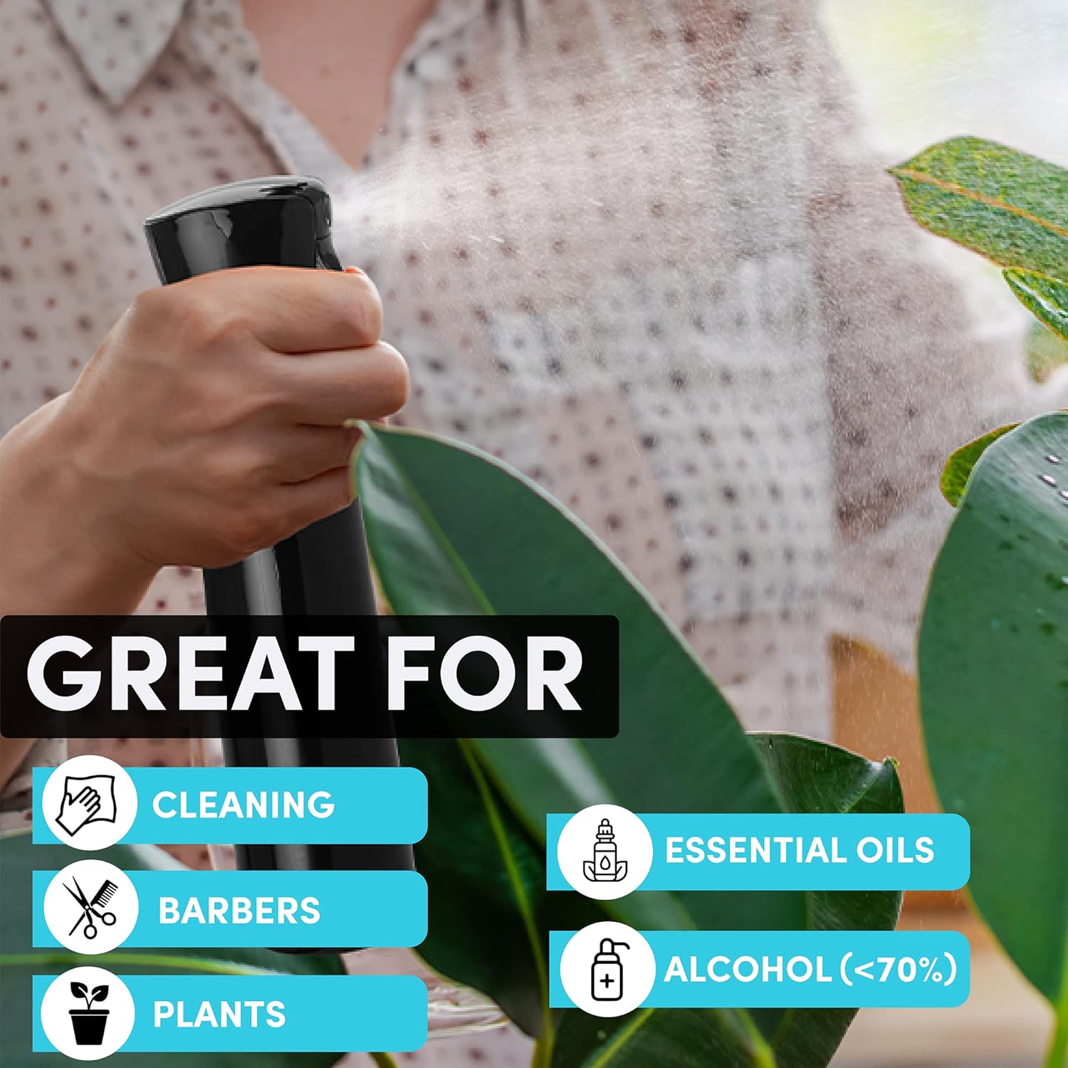 Hula Home Botella de spray vacía Mister (300 ml10.1 oz  Negro) continua ultra fina niebla para peinar el cabello, plantas, limpieza, salones,