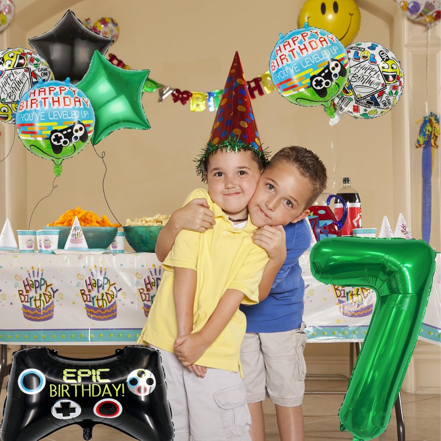 Los globos de fiesta de videojuegos incluyen globos de cumpleaños con controlador de juego, globo verde de aluminio del número 7, globos redondos