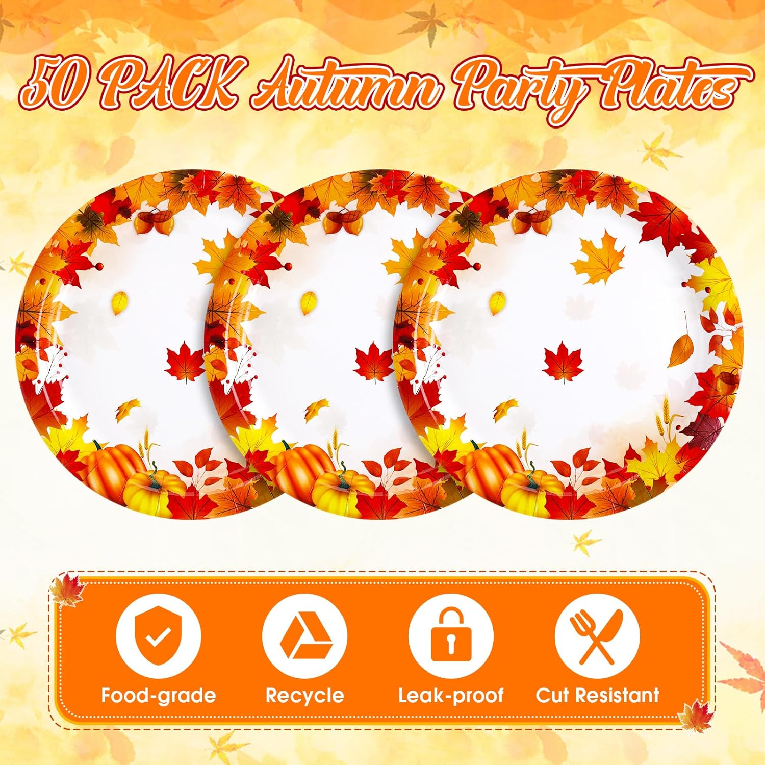 50 platos de papel de otoño de 9 pulgadas, platos de calabaza de Acción de Gracias, hojas de otoño, platos desechables para suministros de fiesta de
