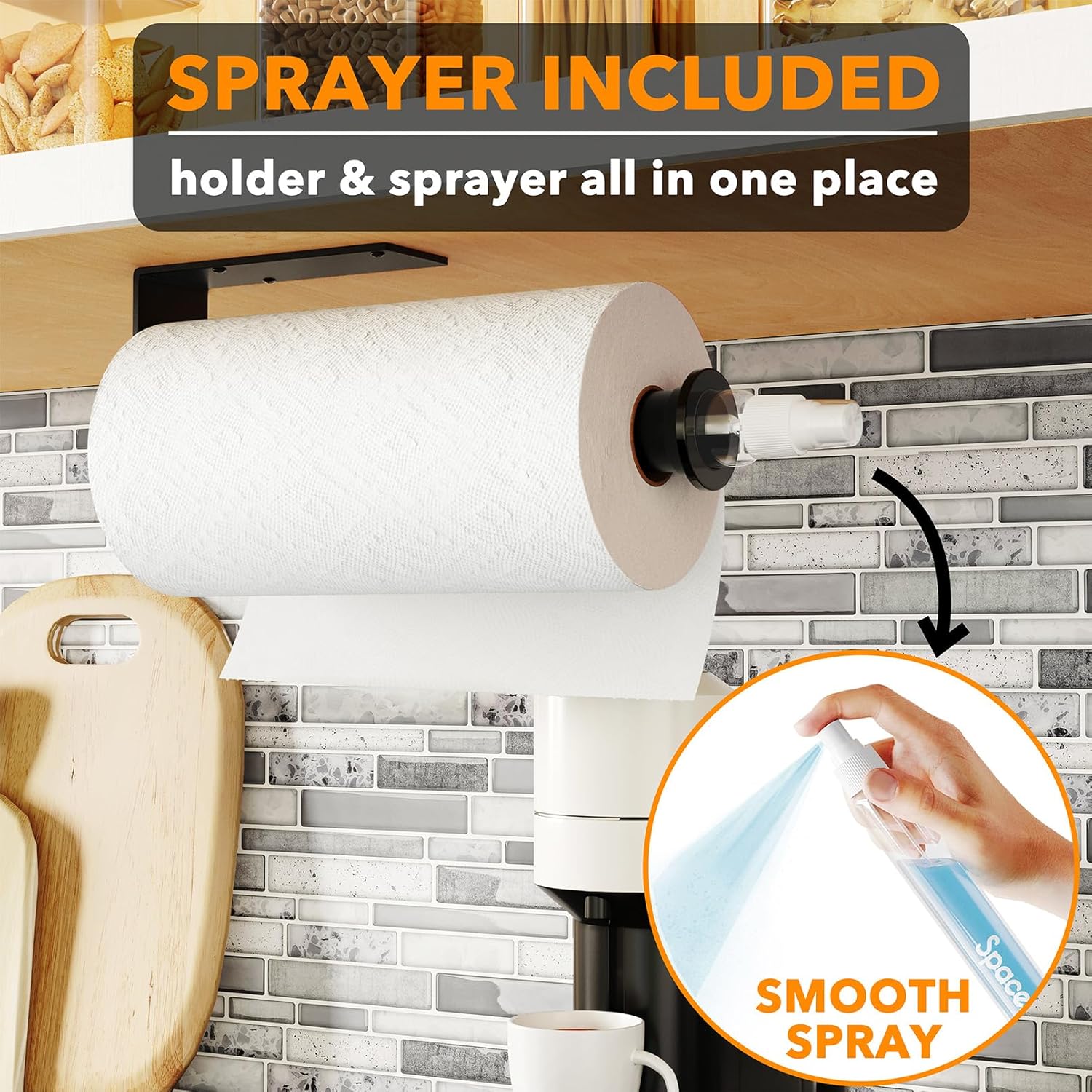 SpaceAid SprayNeat – Soporte para toallas de papel con botella de spray, soporte para toallas de papel debajo del gabinete con rociador en el centro