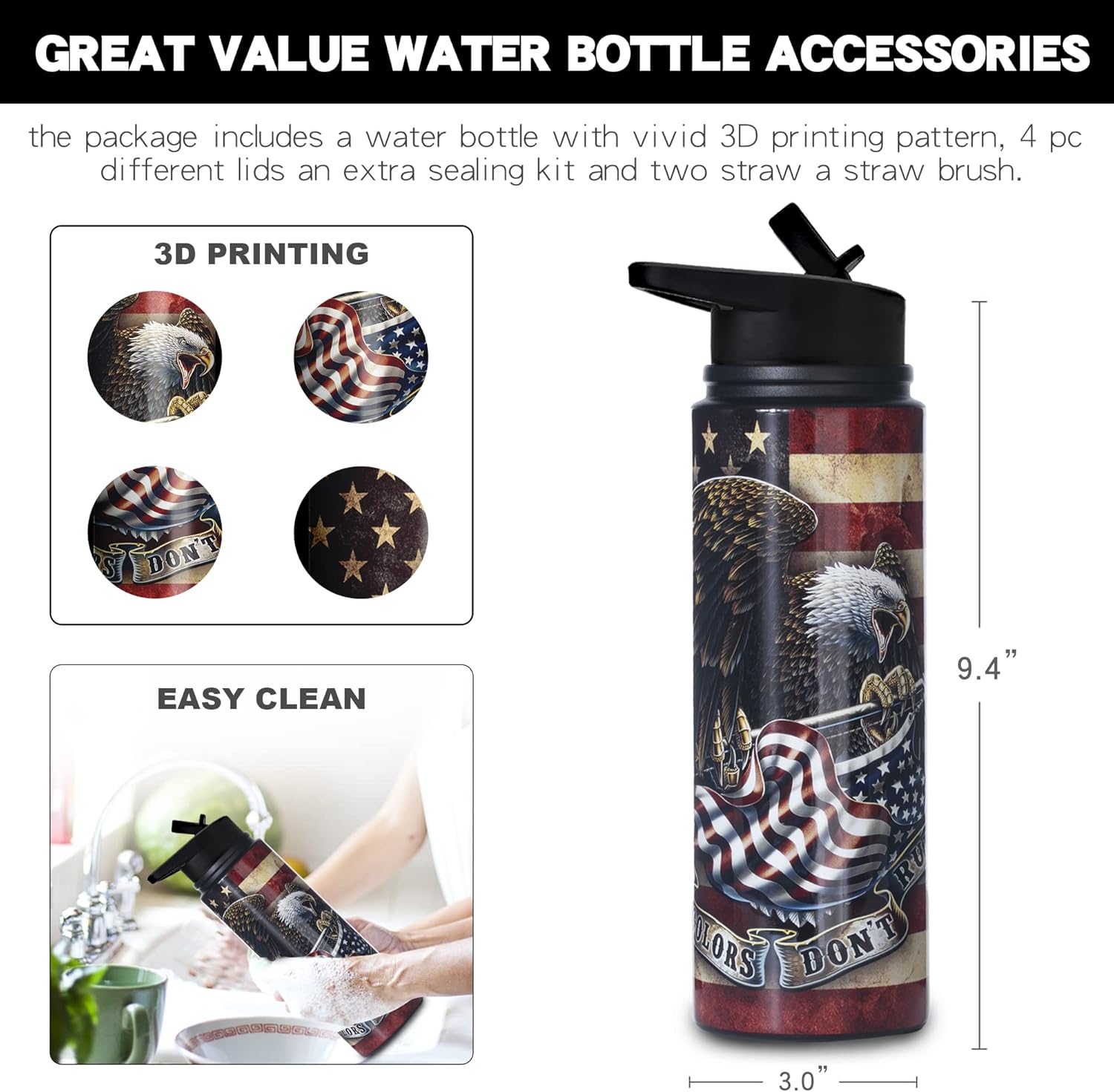 Boelia Bald Eagler – Botella de agua aislada de acero inoxidable con popote aislado al vacío para mantener el calor y el frío, sin bisfenol A, 24