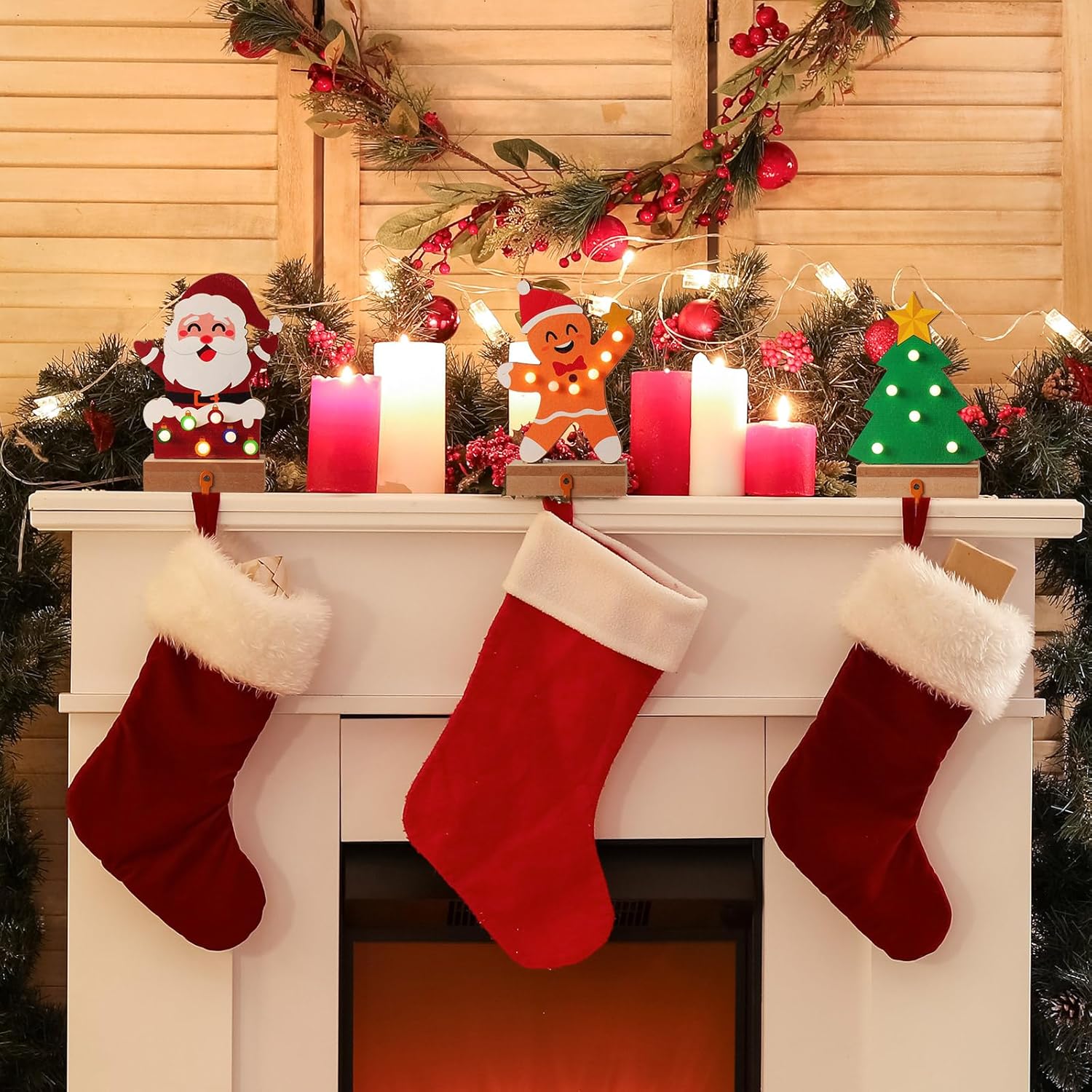6 soportes para calcetines de Navidad con luz LED, árbol de Navidad, muñeco de nieve, Papá Noel, copos de nieve, ganchos para calcetines de Navidad,