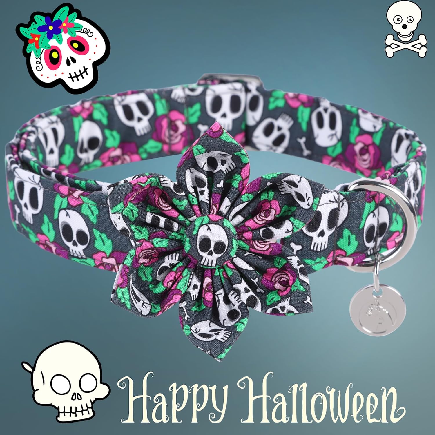 DOGWONG Collar de perro fantasma de Halloween con corbatín, collar de perro de calavera rosa para Halloween, duradero y suave, collar de perro para