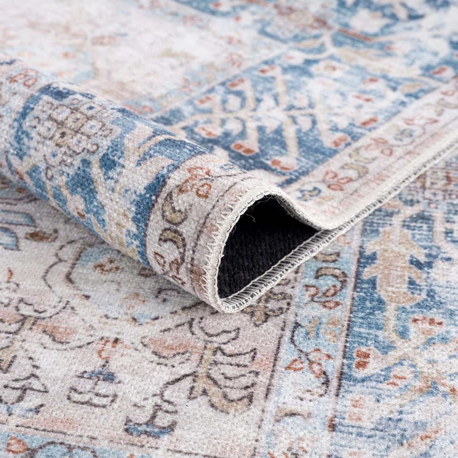 Bloom Rugs – Alfombra caminera Caria lavable, antideslizante, de 3,66 m, color beige y azul océano, para entrada, pasillo, baño y cocina, tamaño