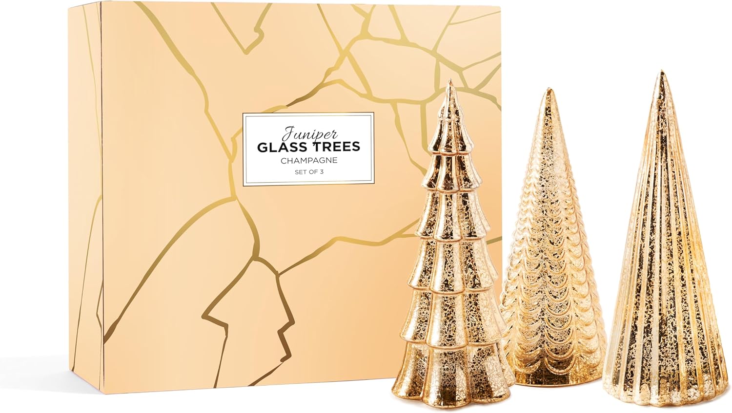 Decoración para árbol de Navidad con luces de hadas, juego de 3 árboles surtidos, 10 pulgadas de alto, acabado de mercurio dorado champán, pilas