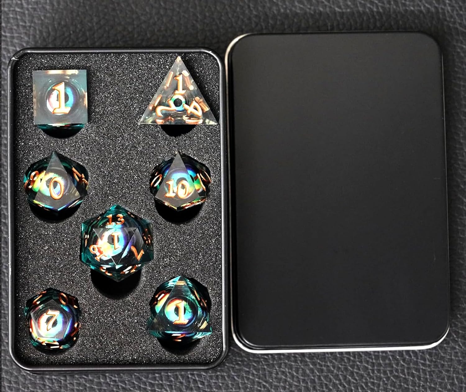 Juego de dados DND, juego de dados de globo ocular de dragón con caja, juego de dados poliédricos de borde afilado para juegos de rol de Dungeons
