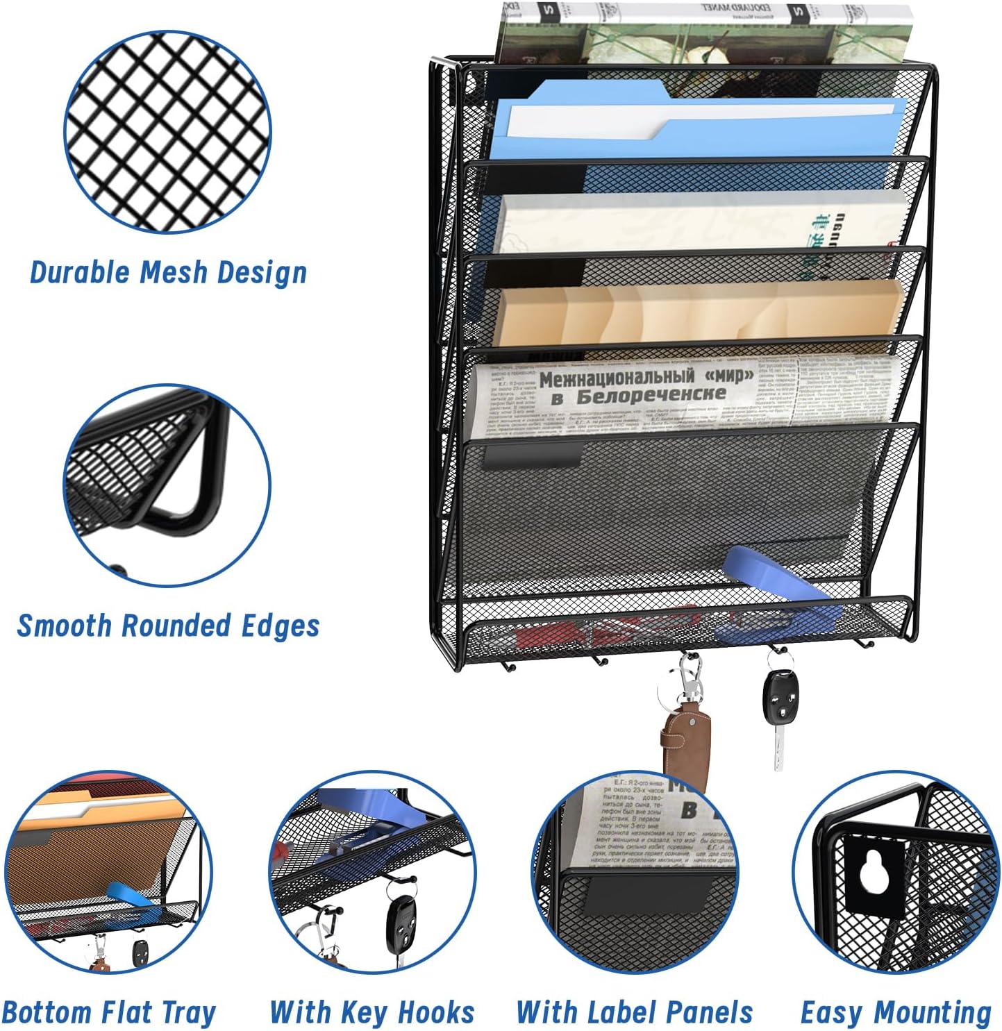 samstar Organizador de archivos de pared con ganchos, 6 niveles de montaje en pared, organizador de archivos colgante, estante vertical para
