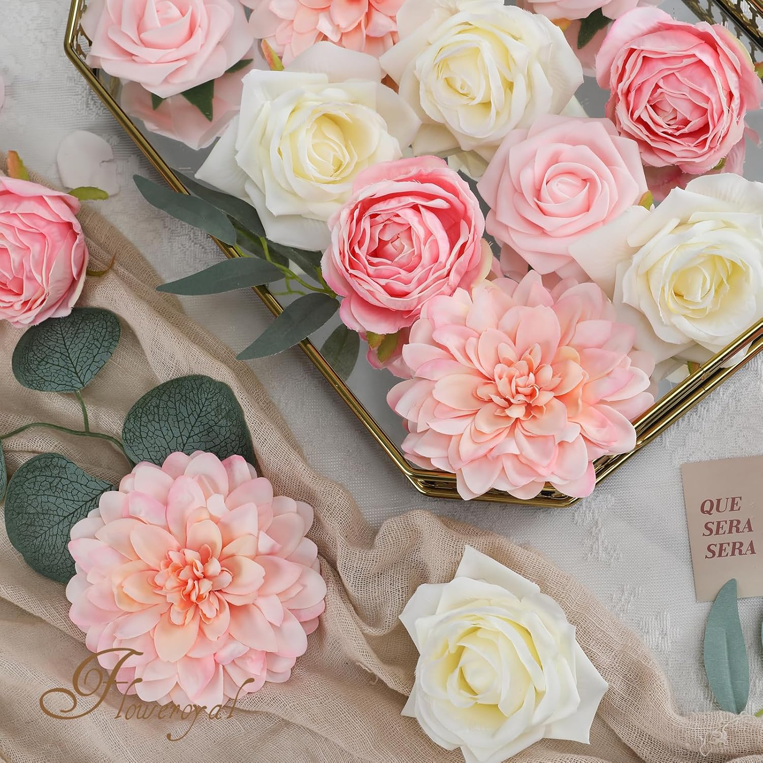 Floweroyal Flores artificiales rosadas, rosas falsas, dalia con tallos para ramos de novia de boda, baby shower, arreglo floral, centros de mesa,
