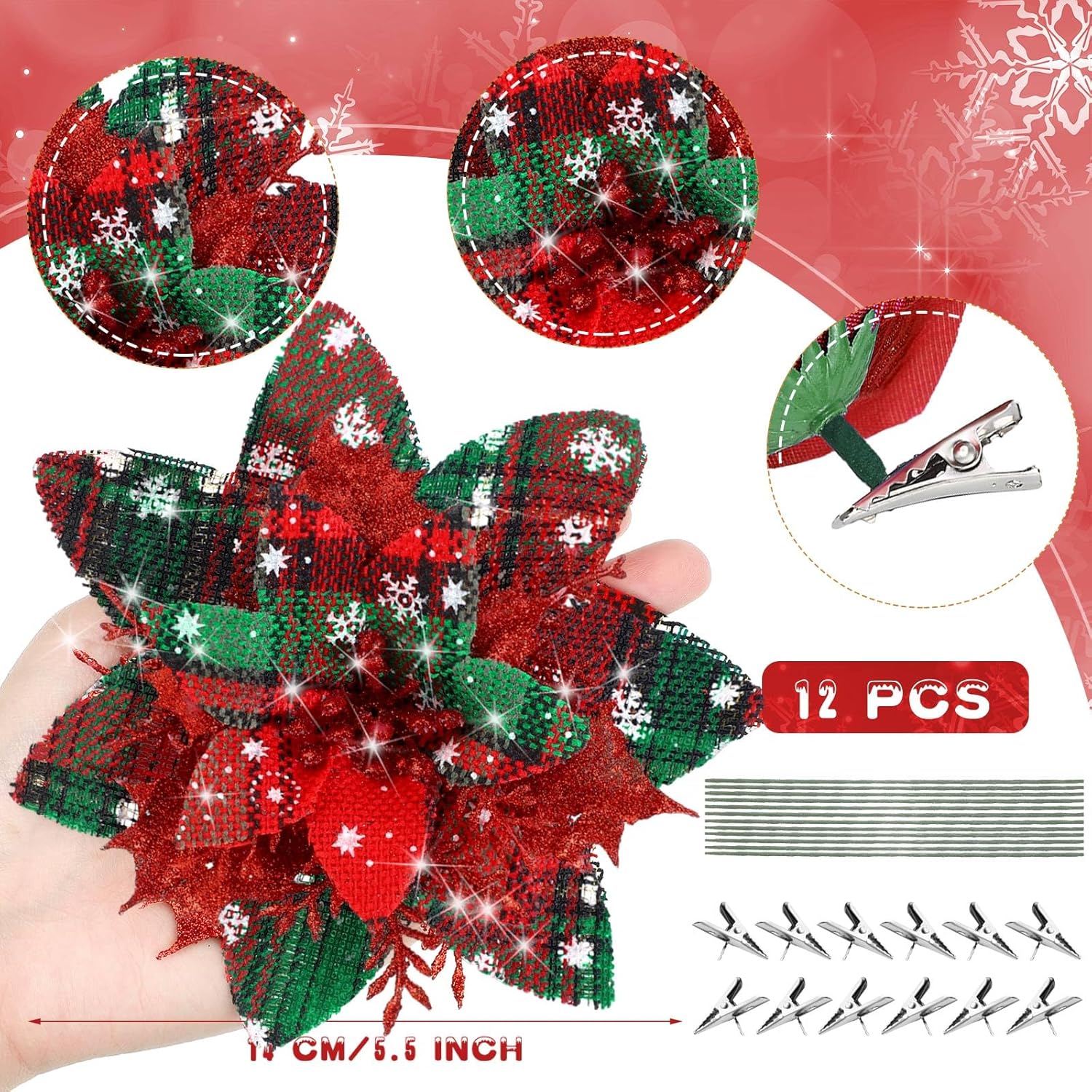 Adornos de flores de Pascua artificiales de Navidad con purpurina y clips y tallos, adornos para árbol de Navidad de Pascua con purpurina para bodas