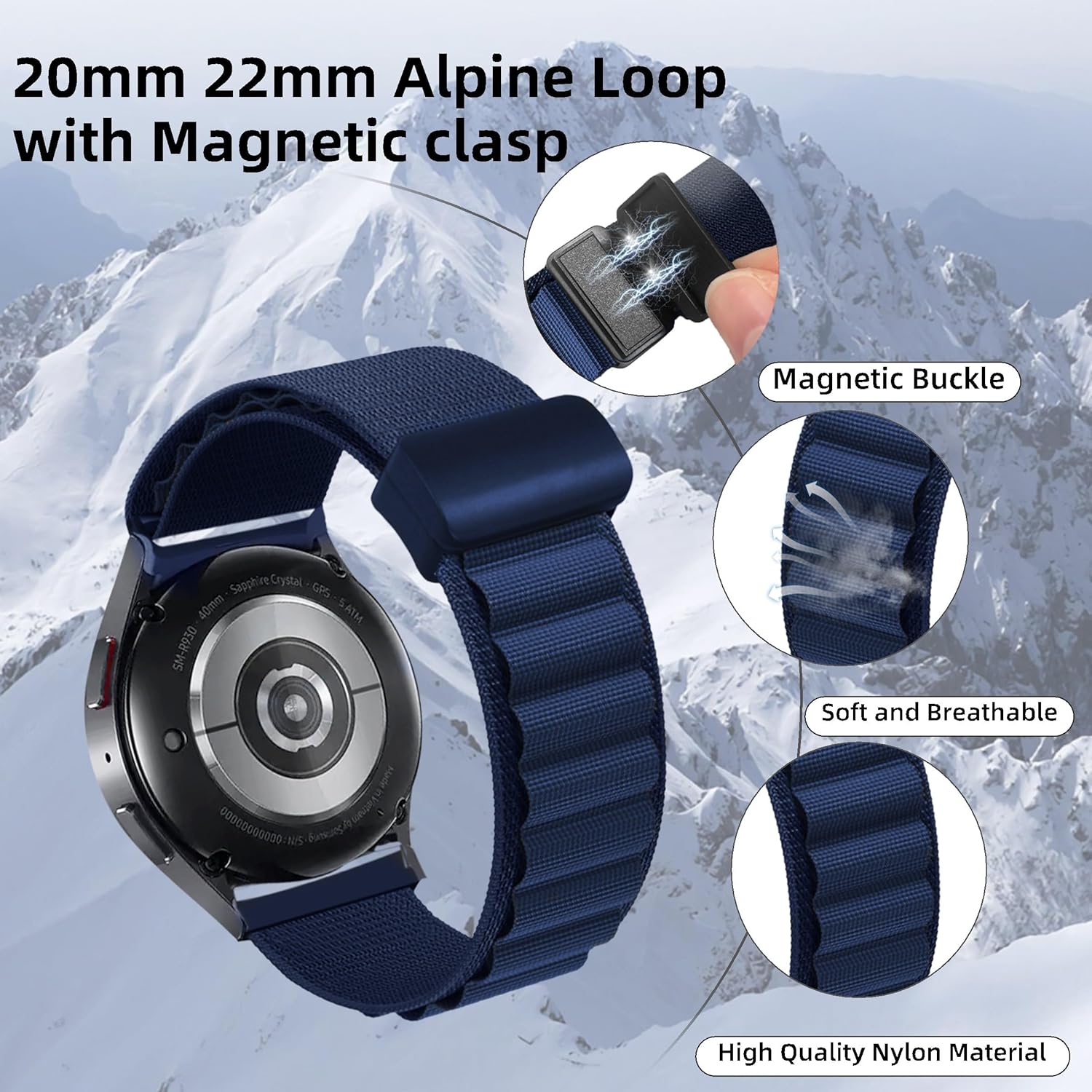 20mm 22mm Watch Bands, Alpine Loop Nylon Strap with Adjustable Magnetic Buckle, Quick Release Smartwatch Bands Replacement for Men Women