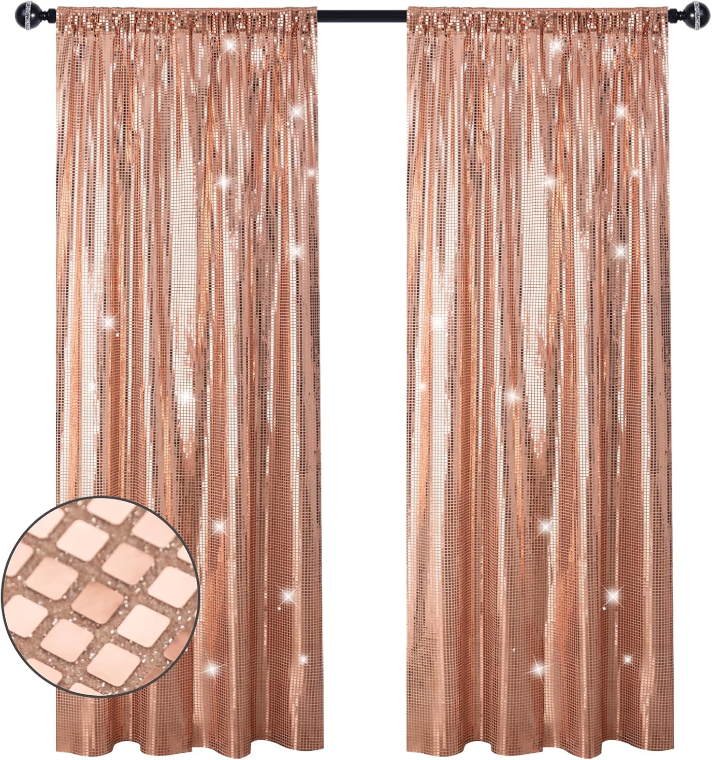 Cortina de telón de fondo de lentejuelas color oro rosa, 2 paneles de 2 x 8 pies, con purpurina, para decoración de pared de boda, cumpleaños