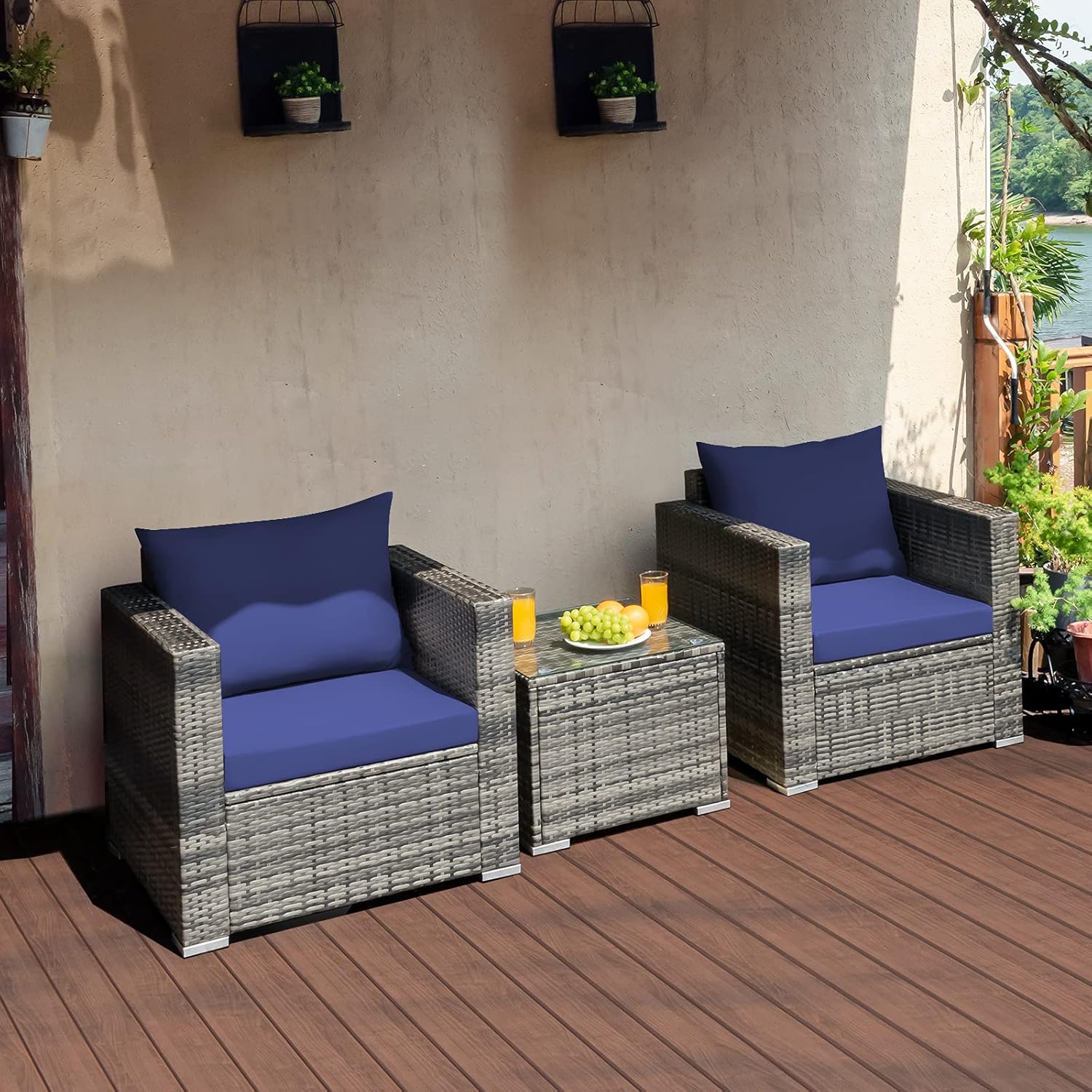 Juego de muebles de patio de 3 piezas para exteriores, juego de conversación de mimbre de ratán con cojín resistente al agua y mesa de vidrio