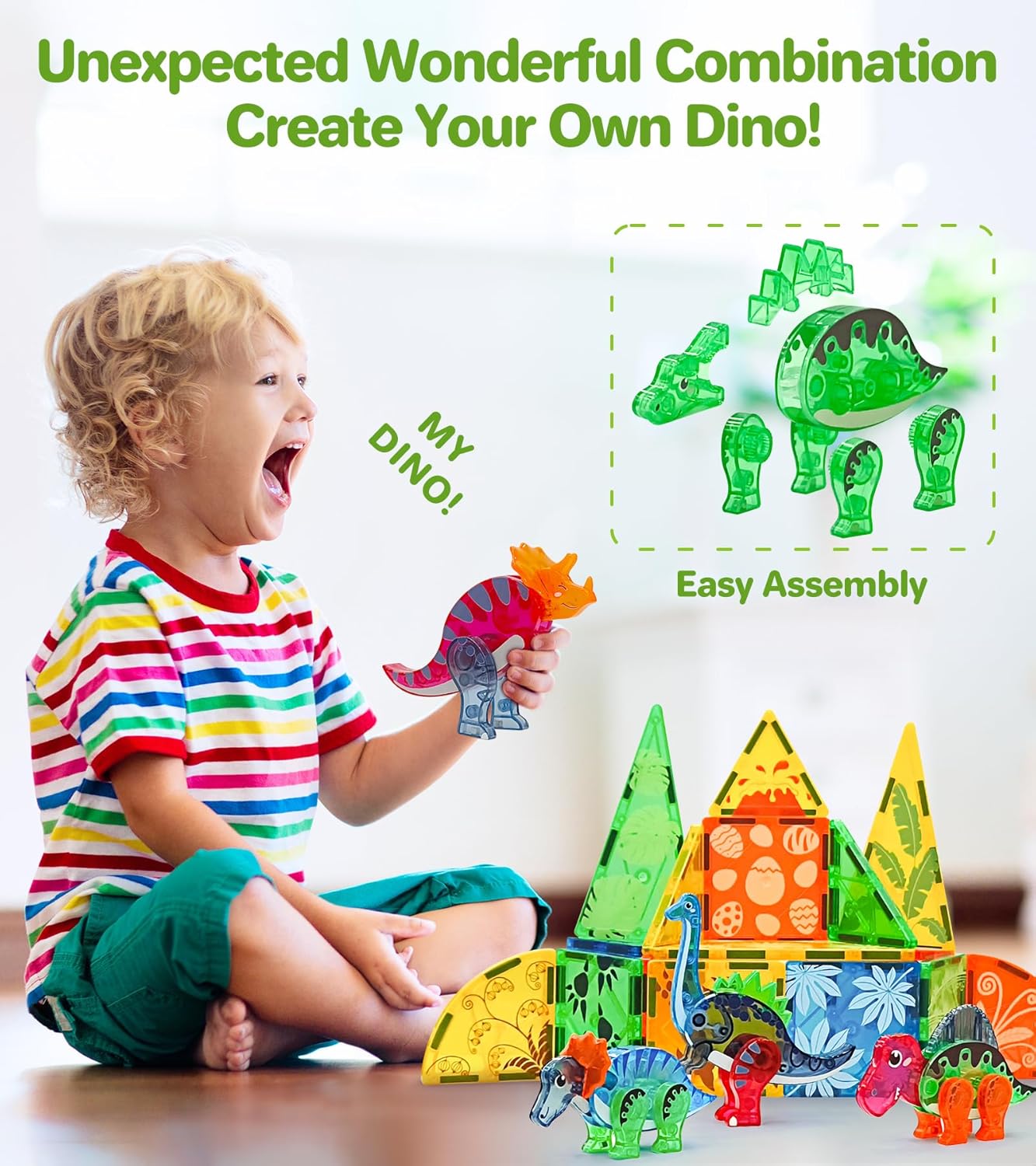 Asago Juego de azulejos magnéticos de dinosaurio con juego de animales de safari, juguetes de bloques de construcción magnéticos para niños pequeños