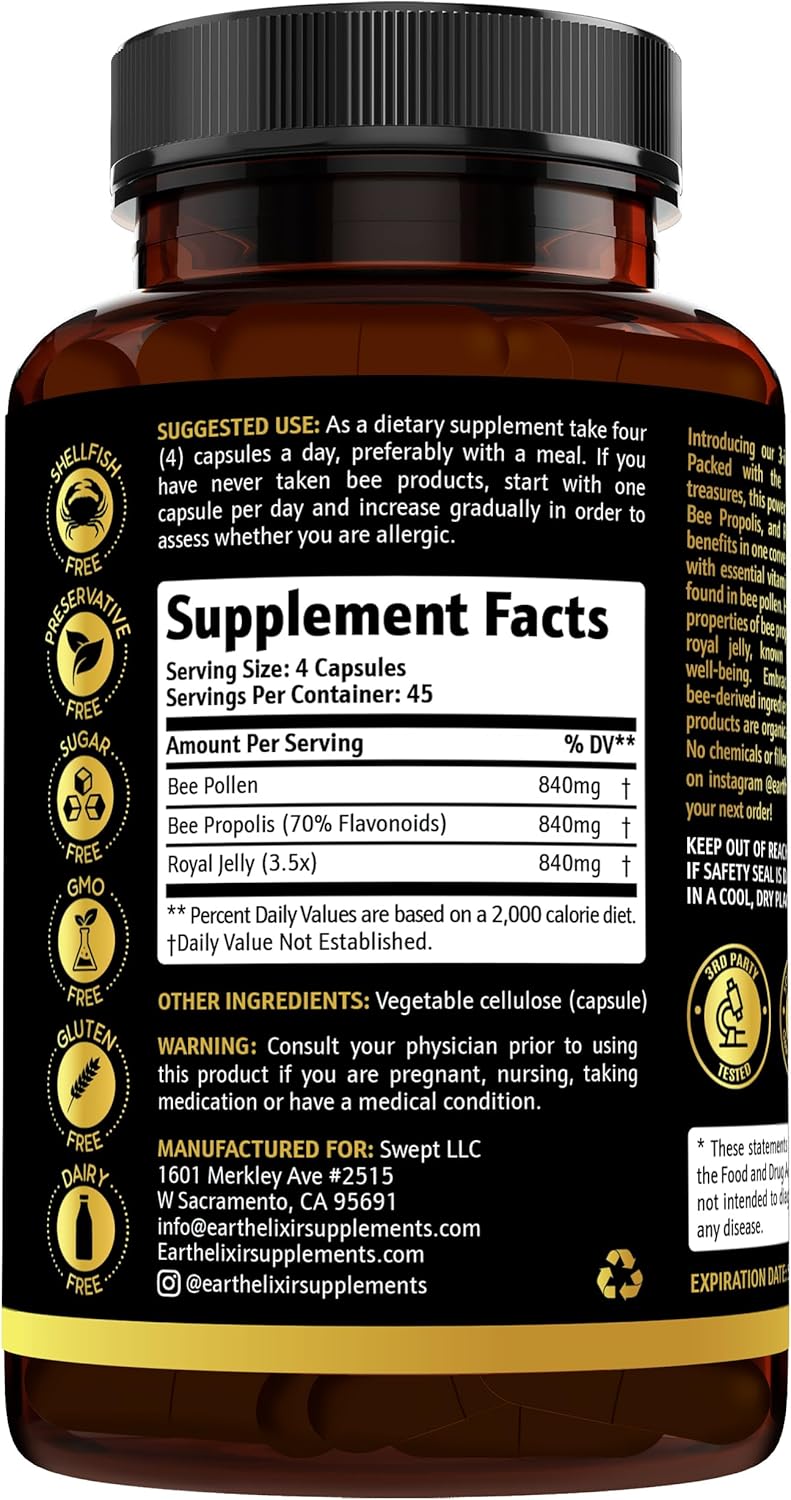 Polen de abeja orgánico 3 en 1 de 1000 mg (180 cápsulas) con cápsula de abeja de 1000 mg y cápsula de jalea real de 1000 mg – Hecho en Estados