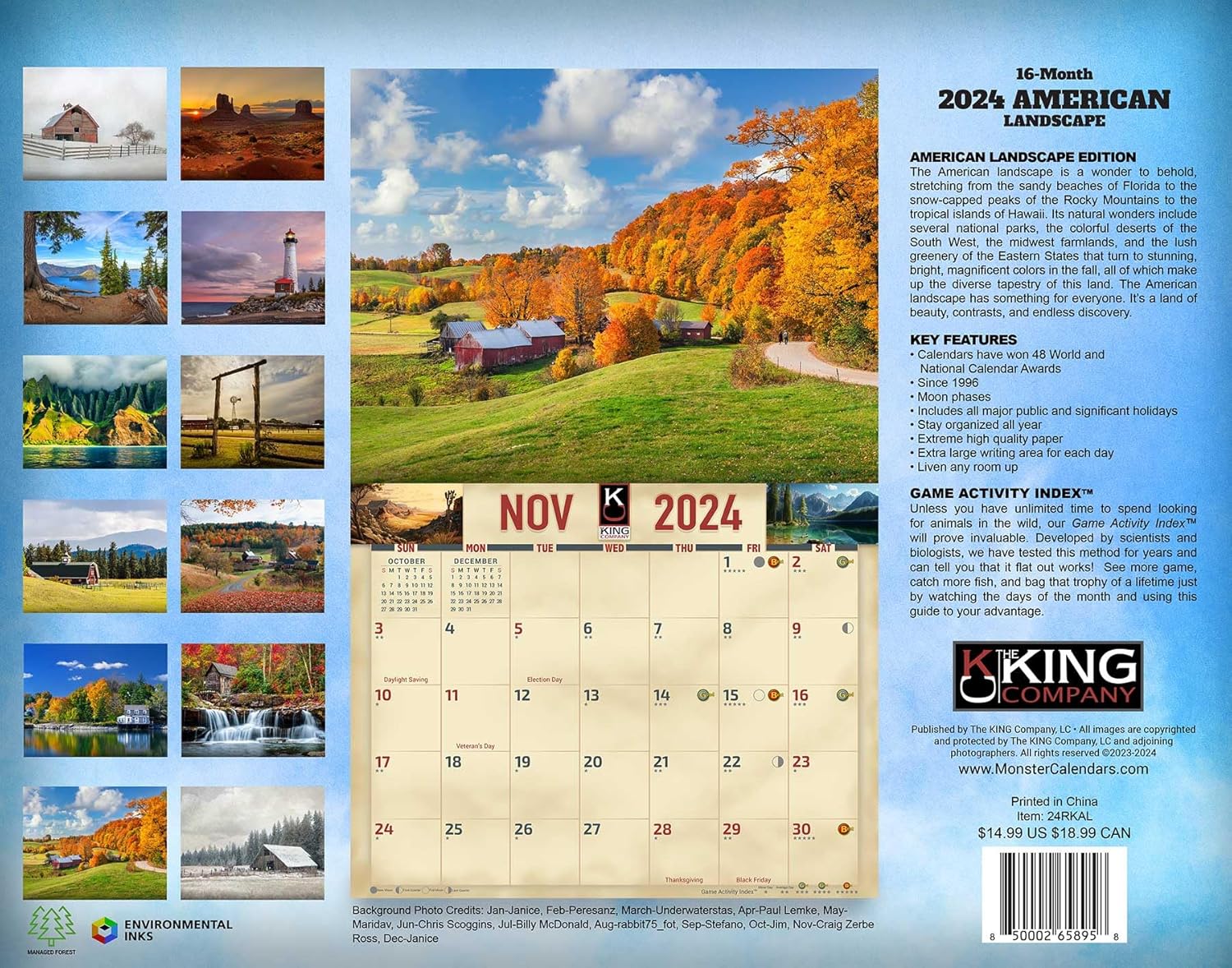 Calendario de pared de paisaje americano 2024, 16 meses, tamaño XL, 14 x 22 pulgadas, calendario Best Of USA por The KING Company-Monster Calendars