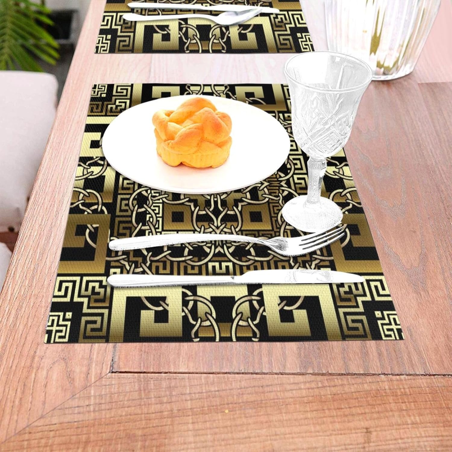 Manteles individuales tejidos de PVC con llave geométrica dorada griega para decoración de mesa, fiesta al aire libre y cocina, comedor, manteles