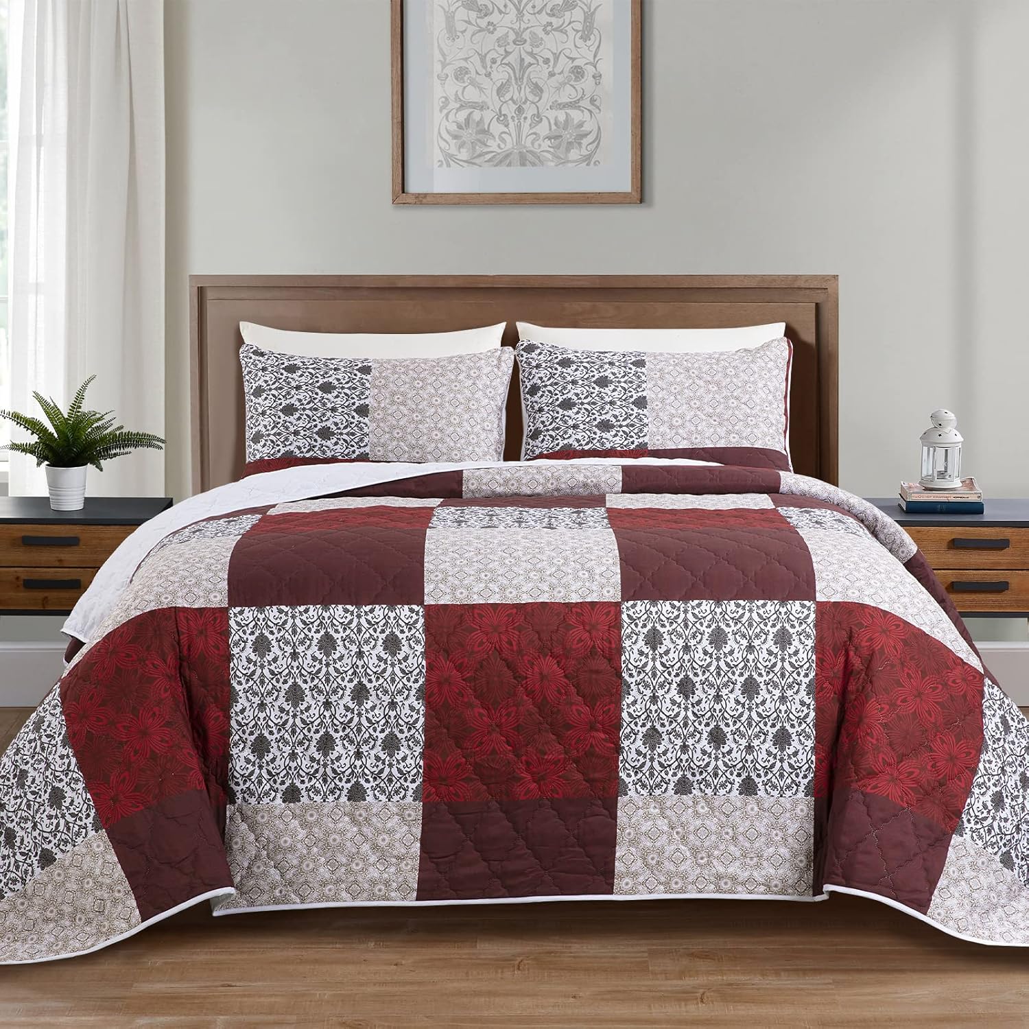 HOMBYS Colcha extragrande de tamaño King de 128 x 120 pulgadas, juego de edredón de 3 piezas, ligero y suave, colcha floral de retazos con fundas