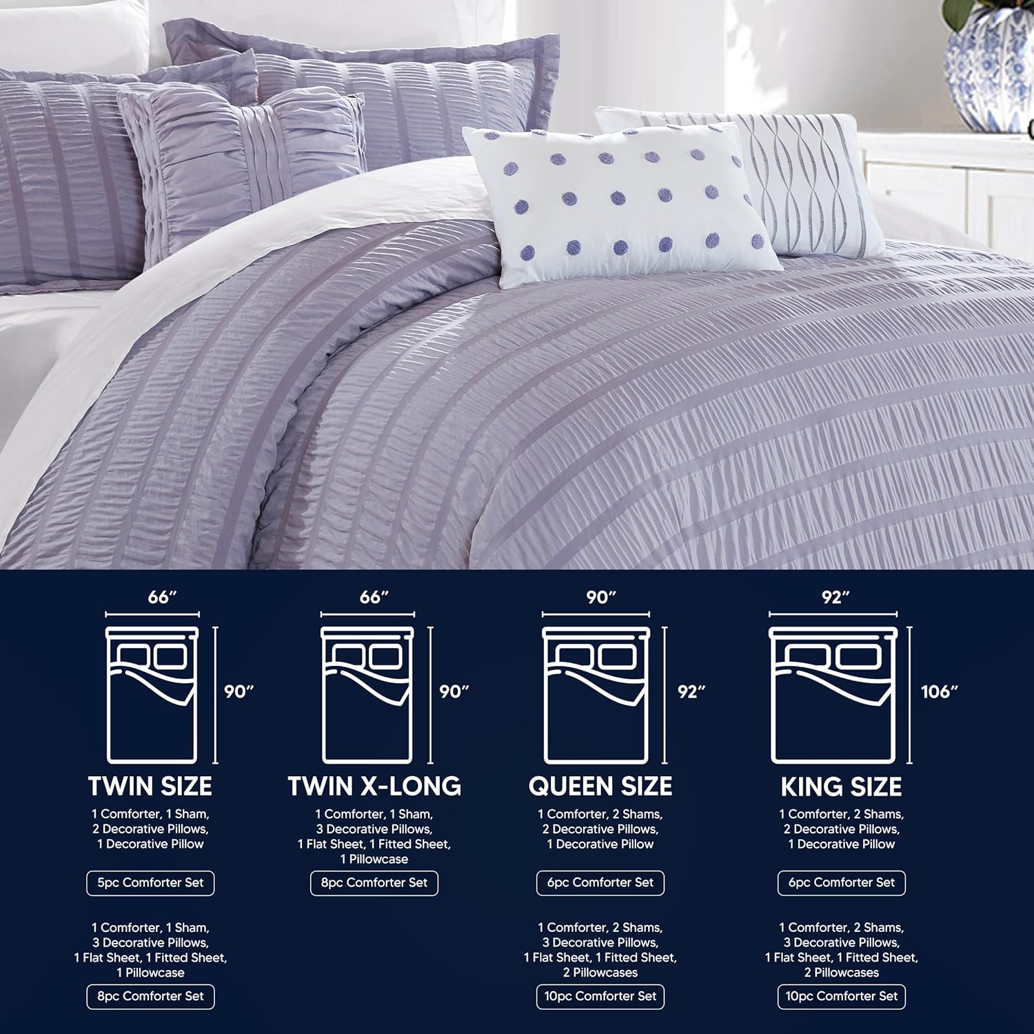 Chic Home Hadassah – Juego de edredón de 6 piezas a rayas fruncidas con volantes, fundas de almohada decorativas incluidas, King, lavanda
